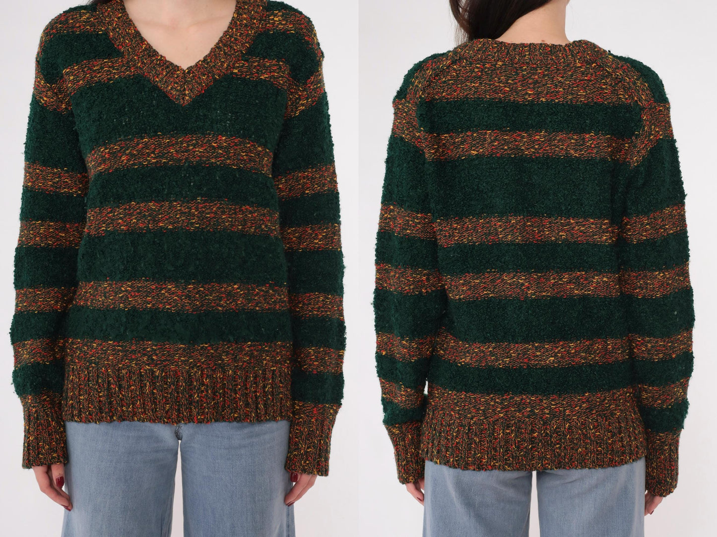 80s Left Bank Forest Green Striped Slub Knit Sweater V-Neck Medium M