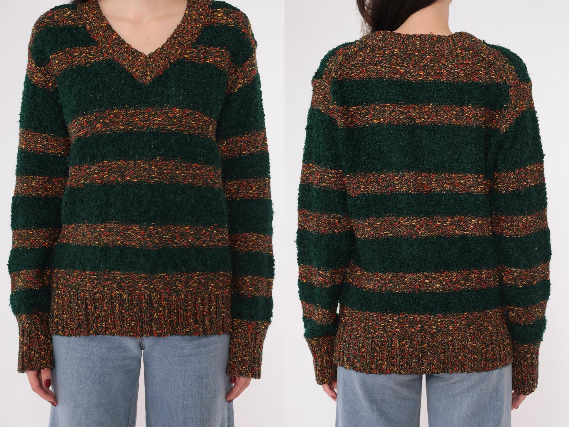 80s Left Bank Forest Green Striped Slub Knit Sweater V-Neck Medium M