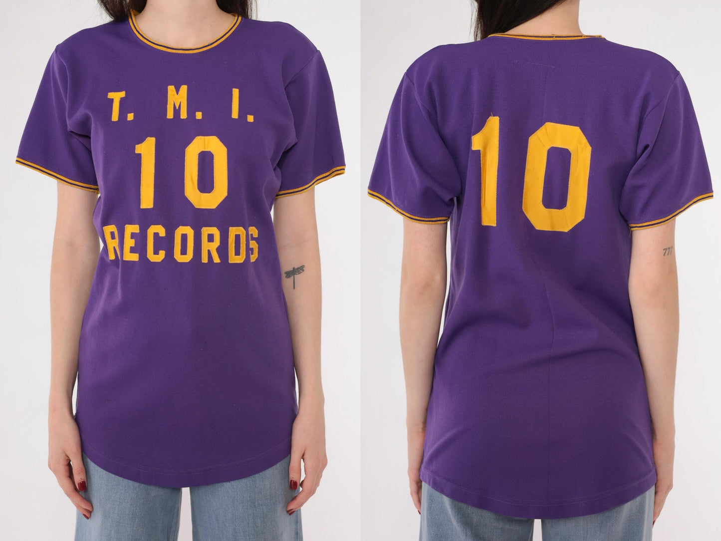 70s TMI Records Ringer Tee Purple Gold Applique Varsity Graphic Small S
