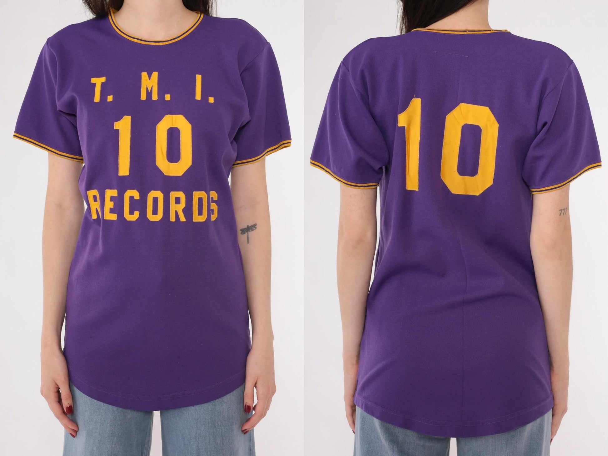 70s TMI Records Ringer Tee Purple Gold Applique Varsity Graphic Small S