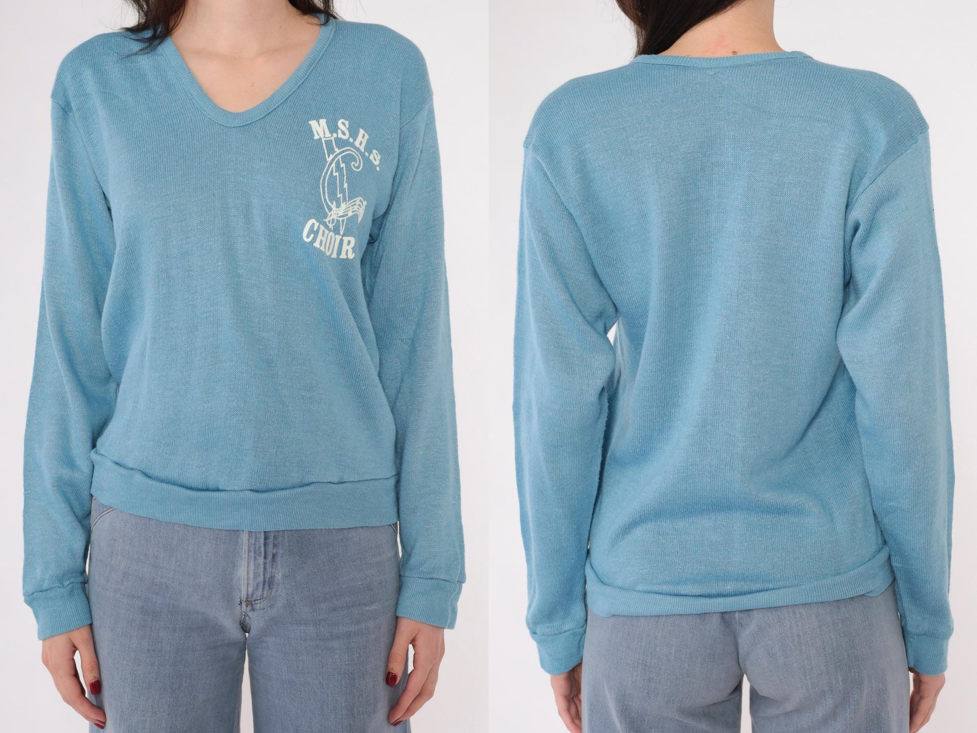 80s MSHS Choir V-Neck Sweater Light Blue Graphic Knit Pullover Small