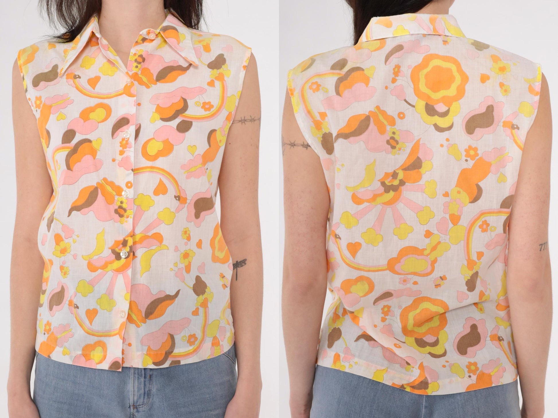 70s Rainbow Heart Floral Butterfly Sleeveless Blouse Dagger Collar White Small