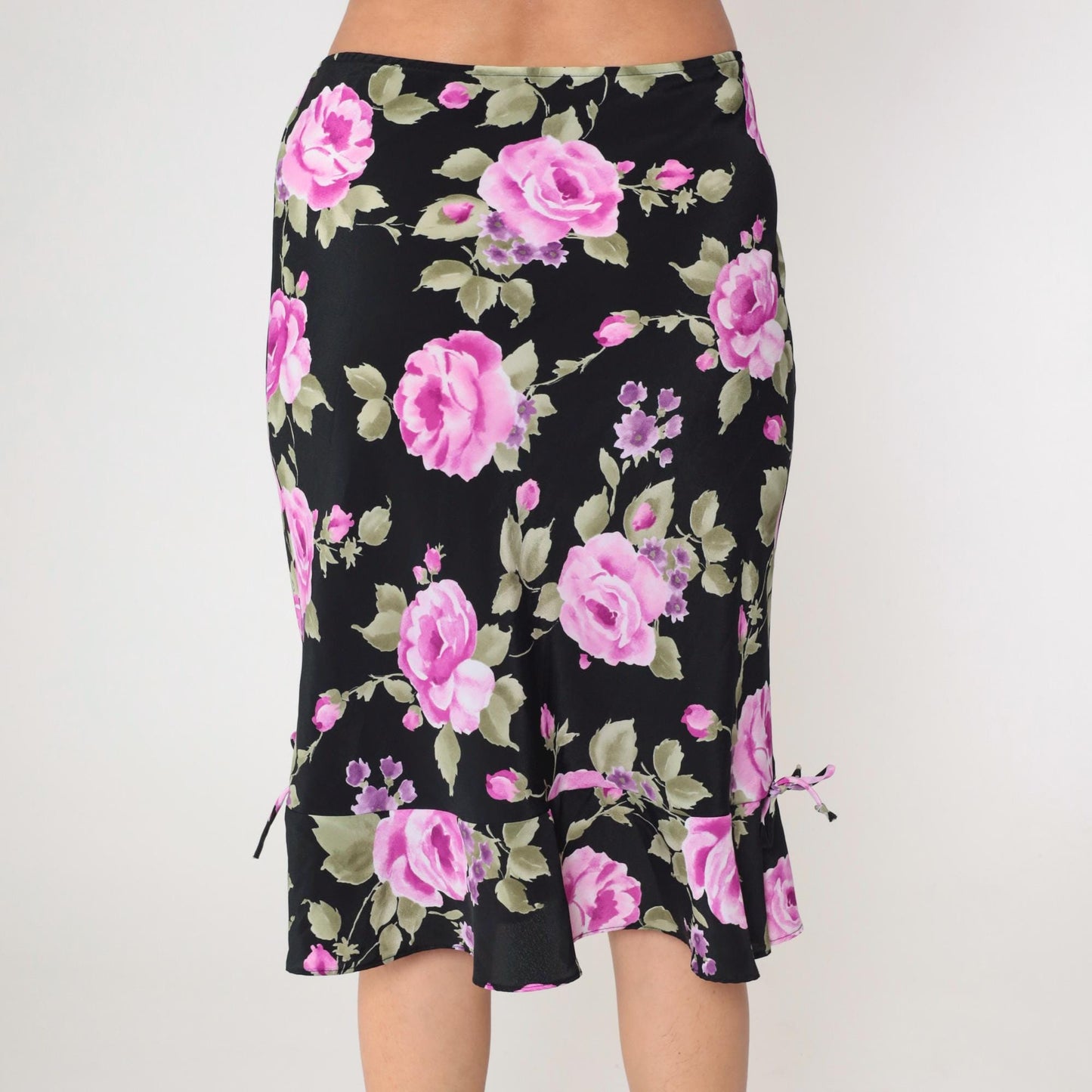 90s Black Floral Midi Skirt Fuchsia Pink Print Ruffled Hem Medium
