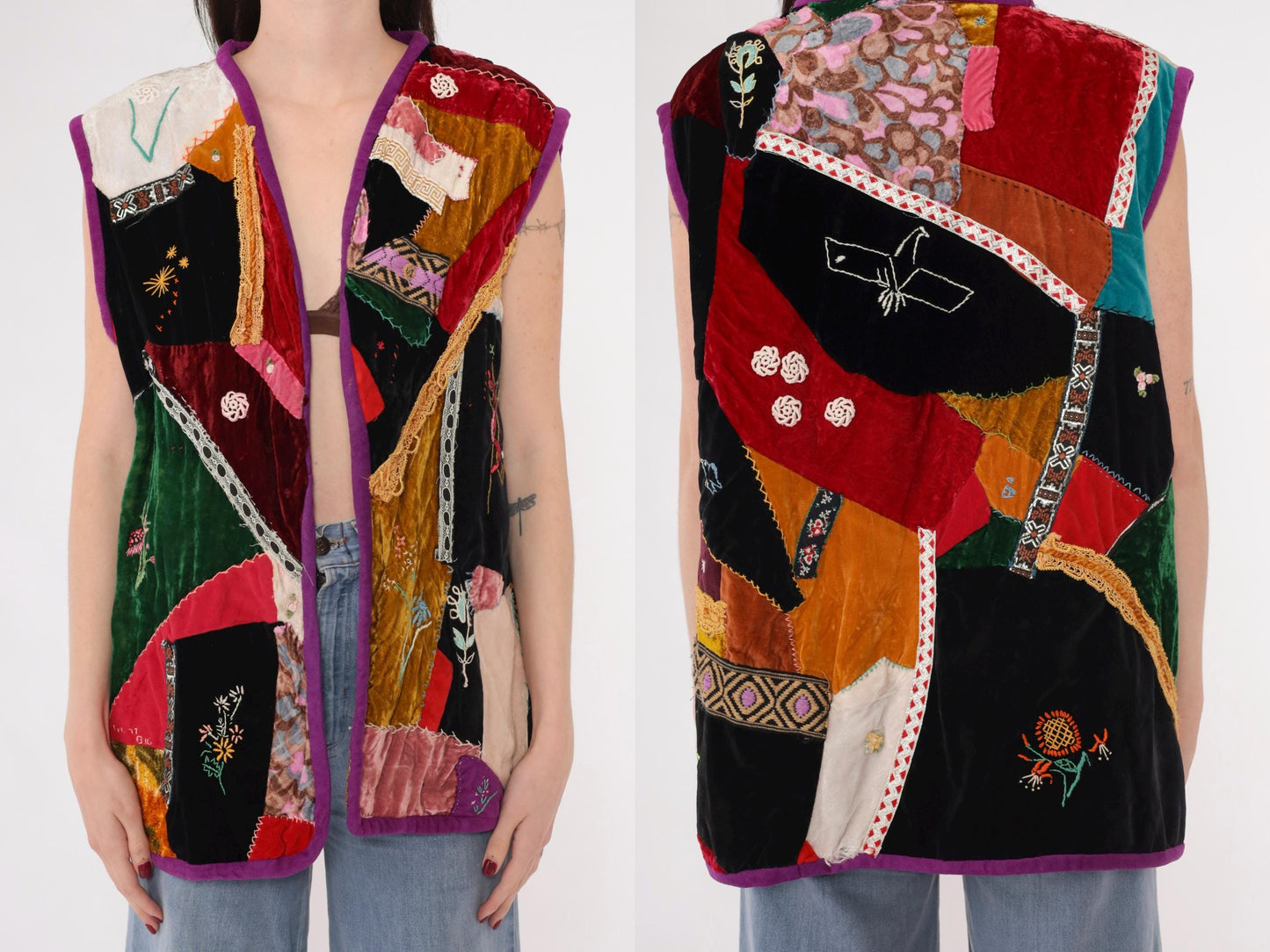 70s Velvet Patchwork Vest Embroidered Floral Bird Lace Trim Red Black Medium Large