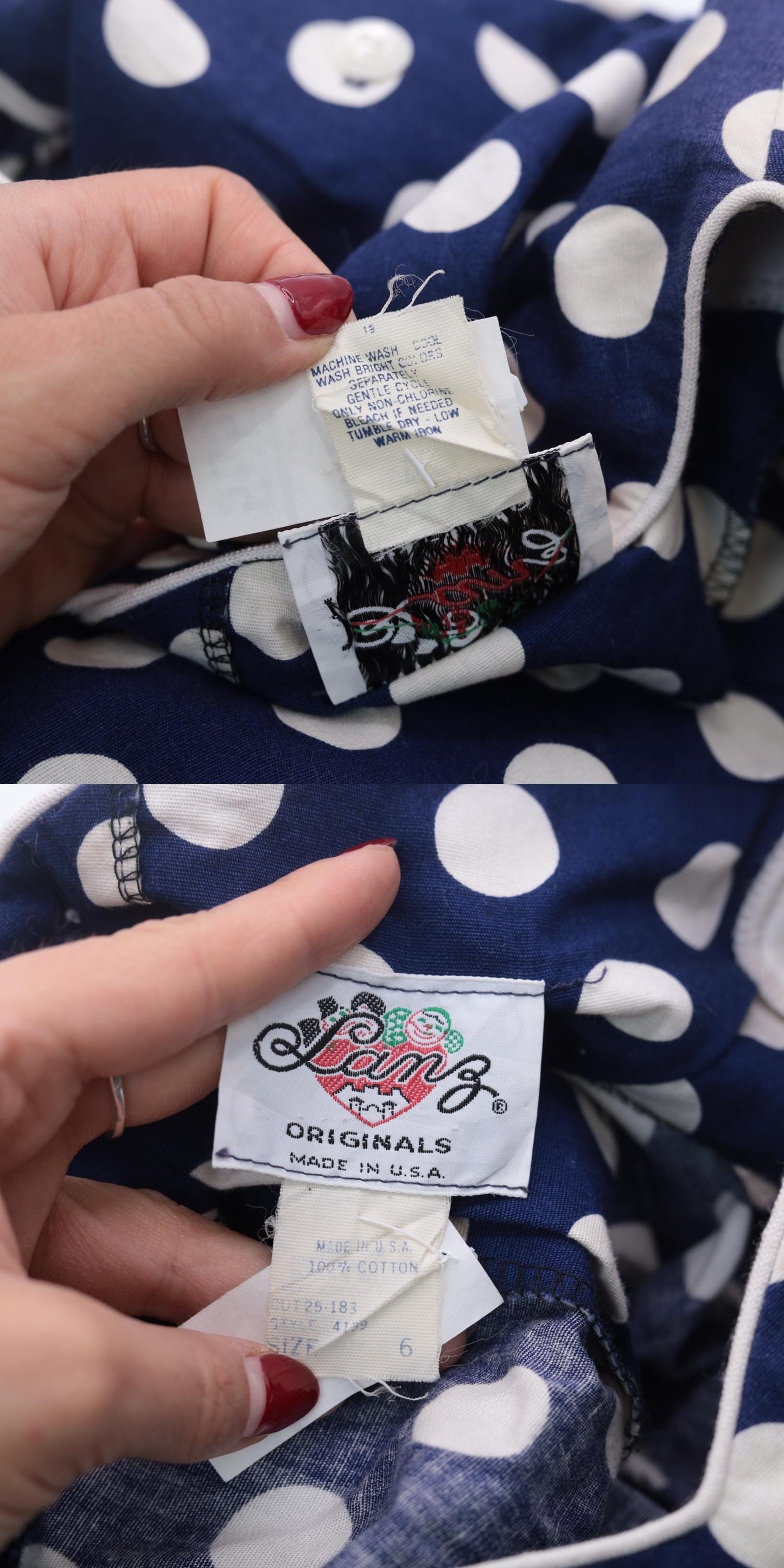 80s Lanz Originals Polka Dot Midi Dress Puff Sleeve Navy Bow Waist Extra Small