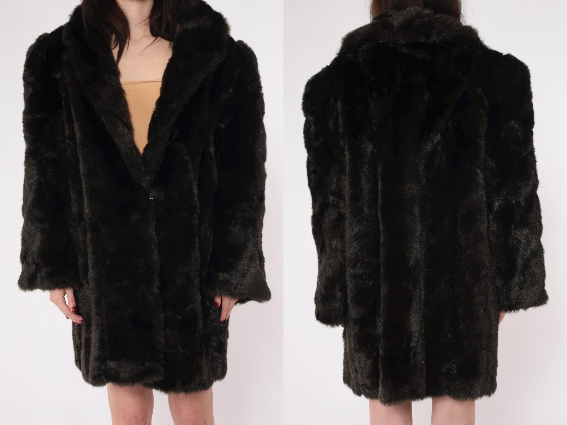 70s Dark Brown Faux Fur Coat Single Button Vintage Seventies Large L