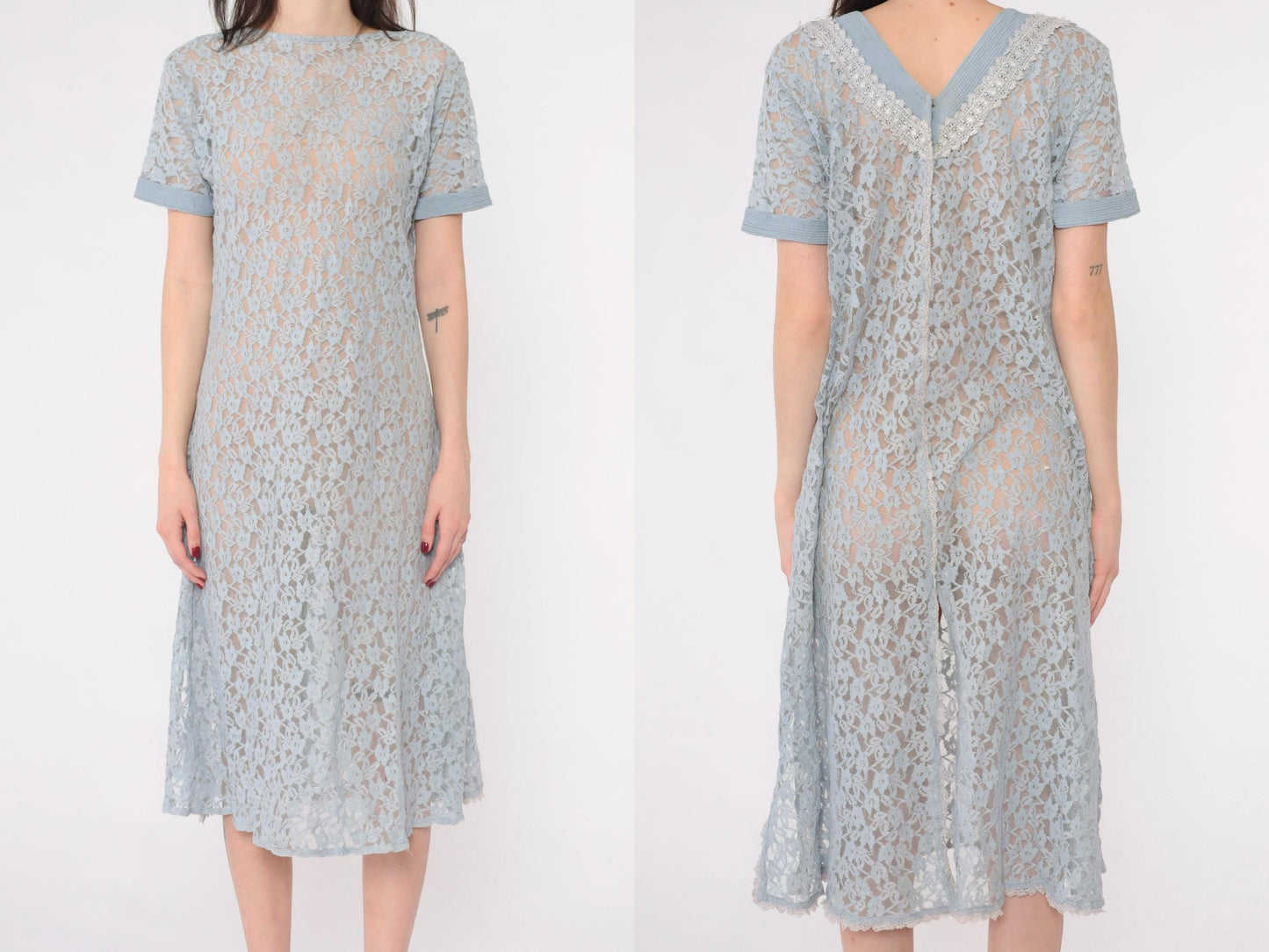 90s Blue Floral Lace Midi Dress Short Sleeve Shift Medium M