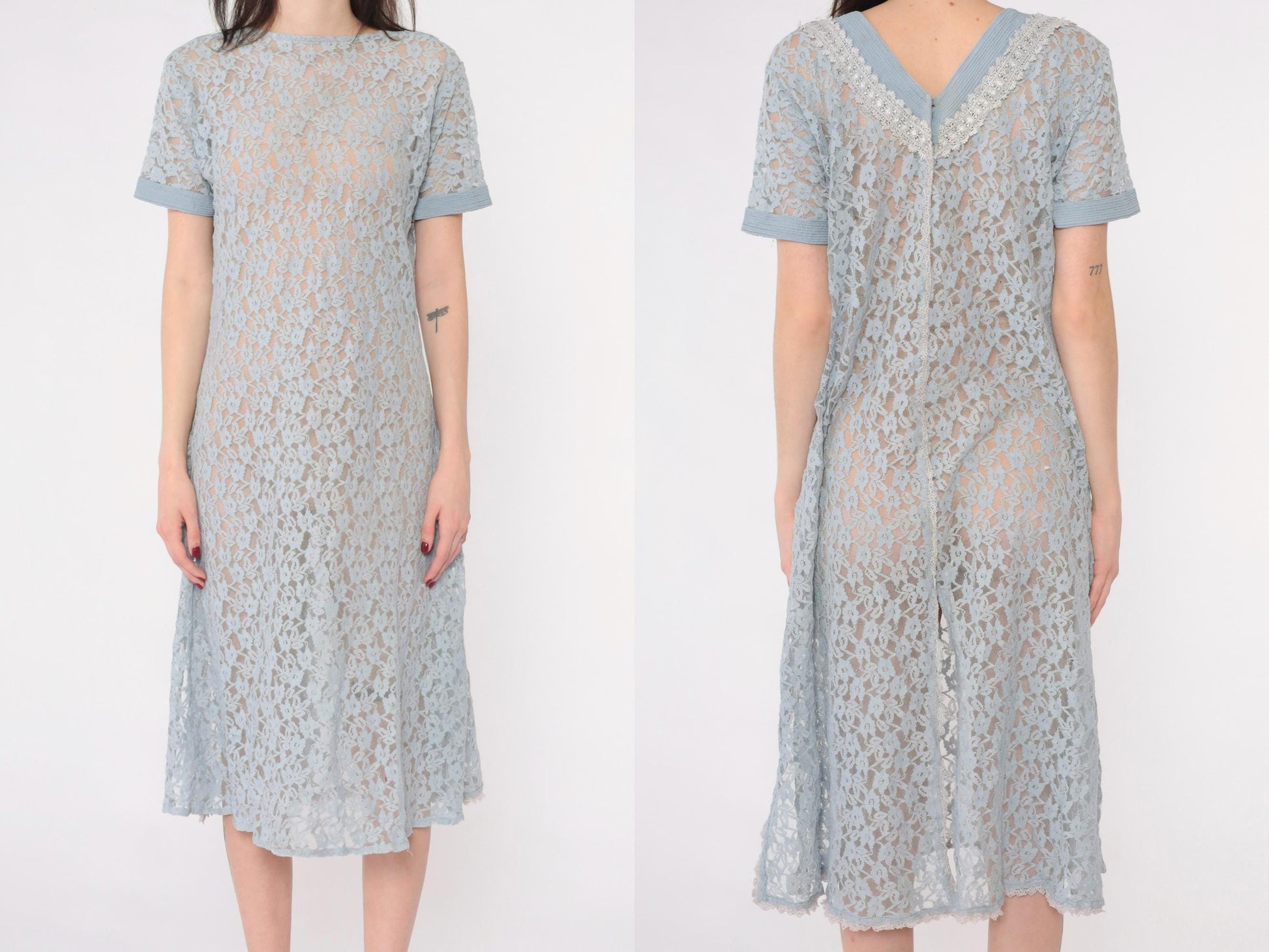 90s Blue Floral Lace Midi Dress Short Sleeve Shift Medium M