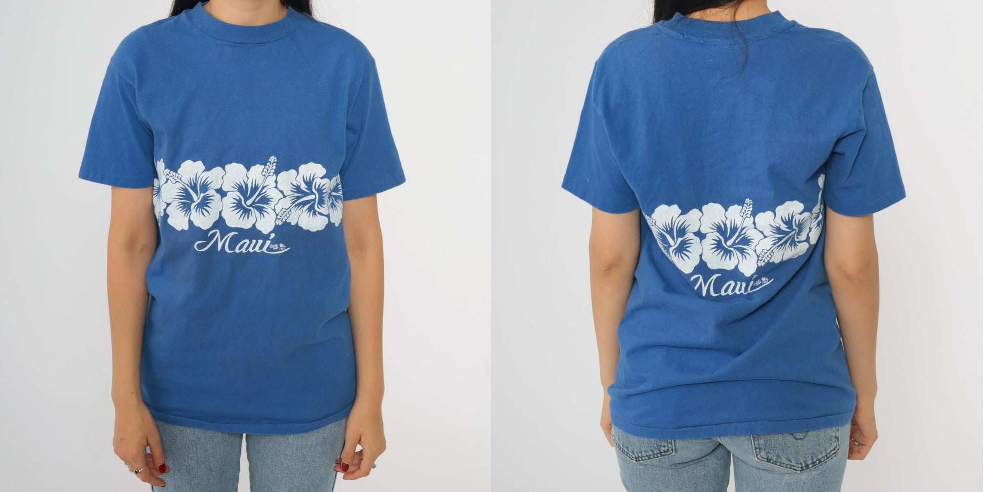 90s Maui Hawaii Hibiscus Graphic T-Shirt Blue Hanes Beefy-T Small