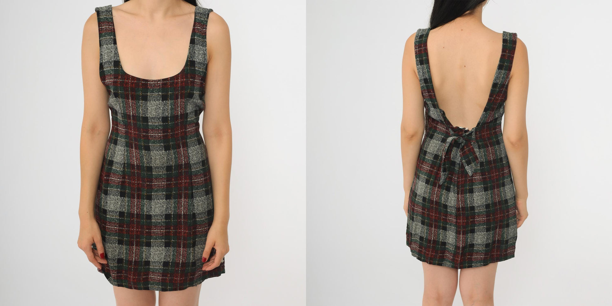 90s Plaid Sheath Dress Backless Grey Checkered Mini Sleeveless Small