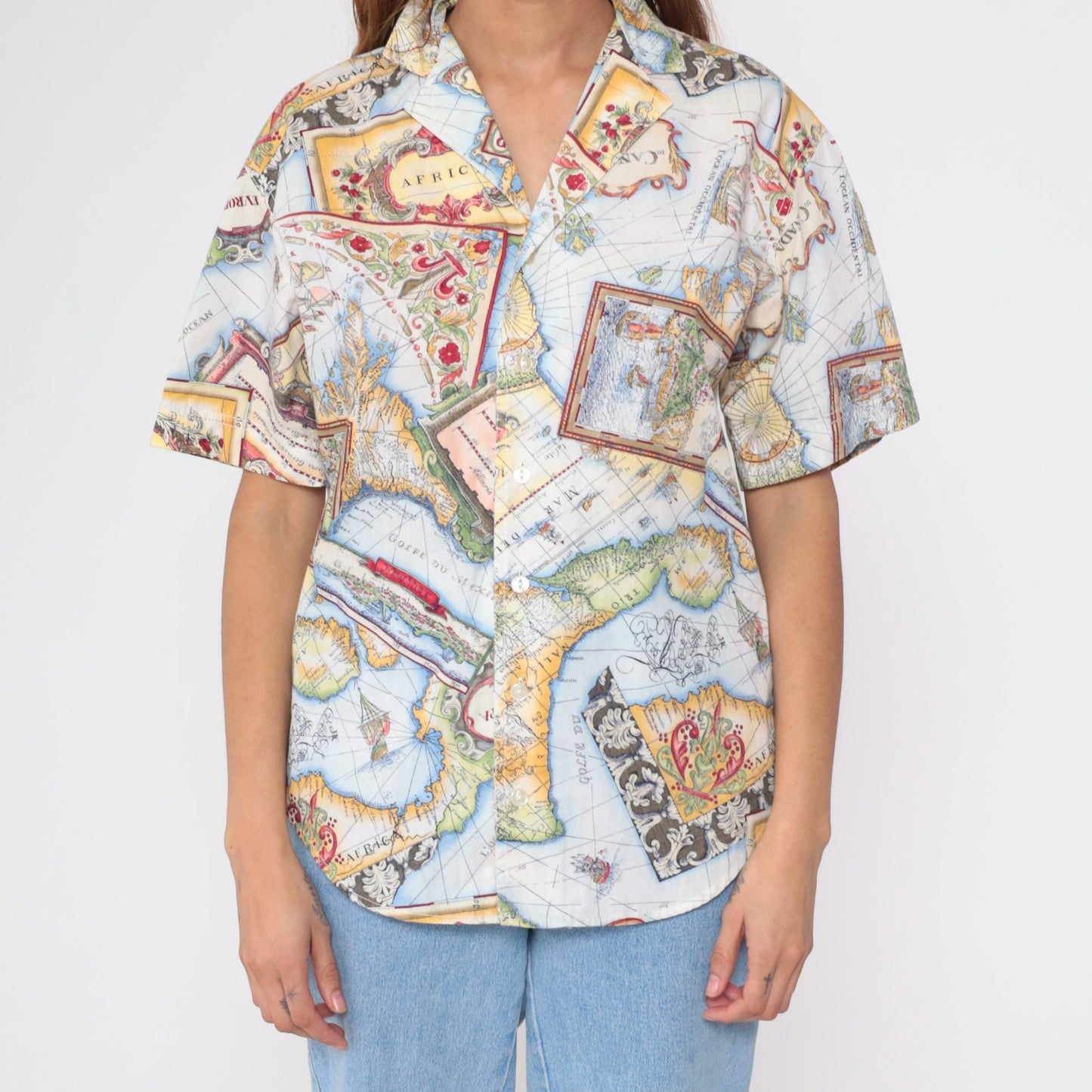90s Lizwear Africa Map Print Cotton Button Up Shirt Small S