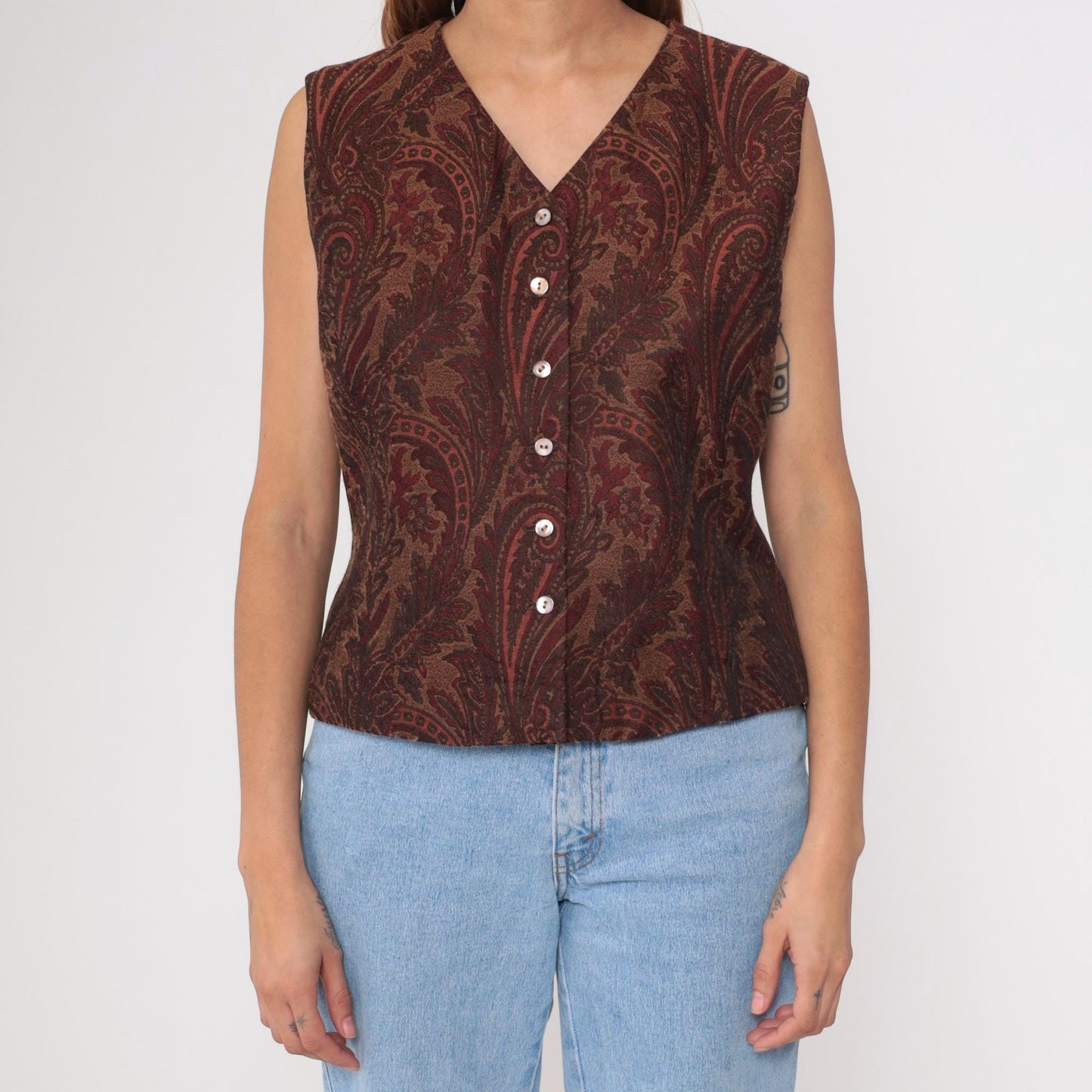90s Liz Claiborne Paisley Jacquard Vest Button-Up V-Neck Burnt Orange Large