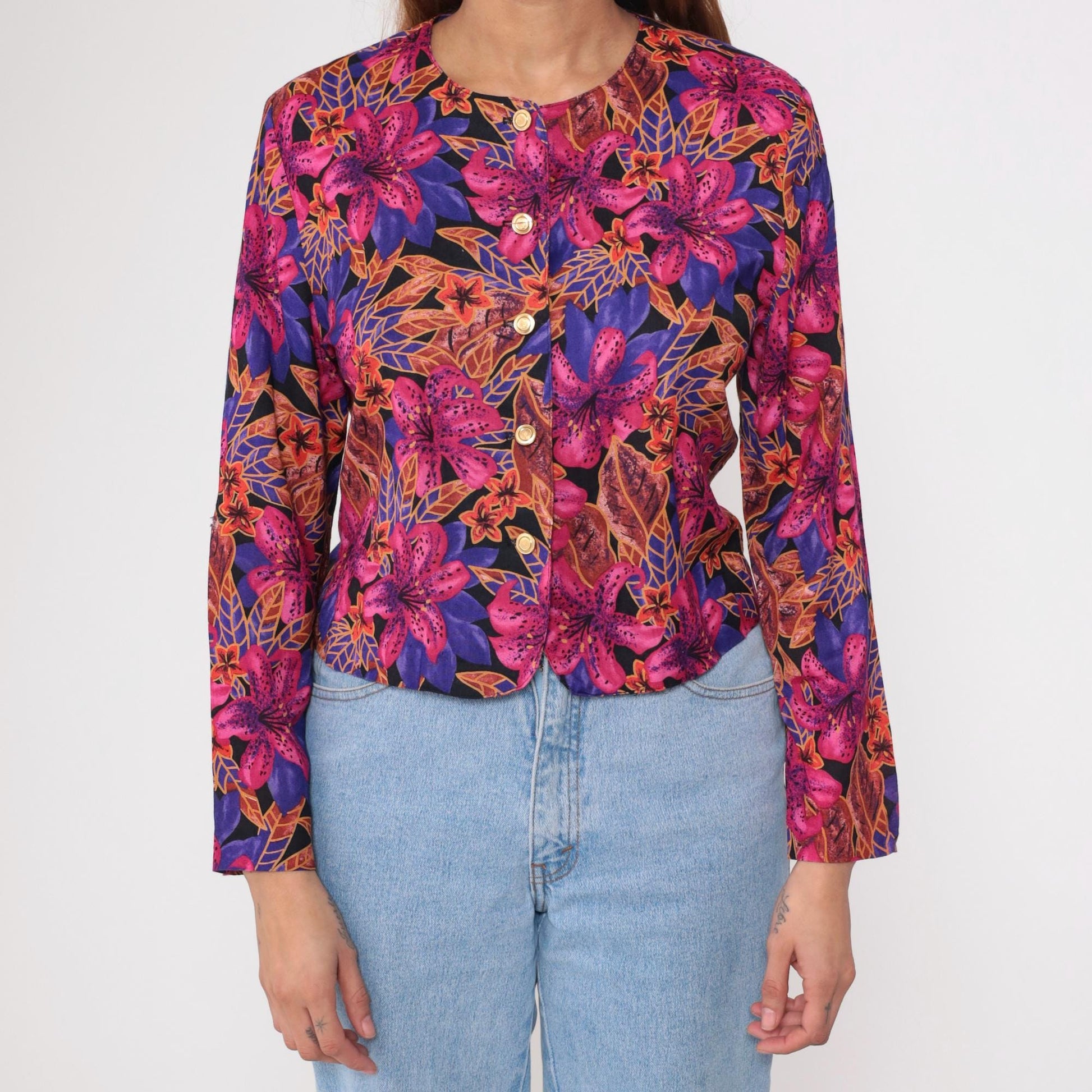 80s Norton McNaughton Tropical Floral Button-Up Blouse Fuchsia Small