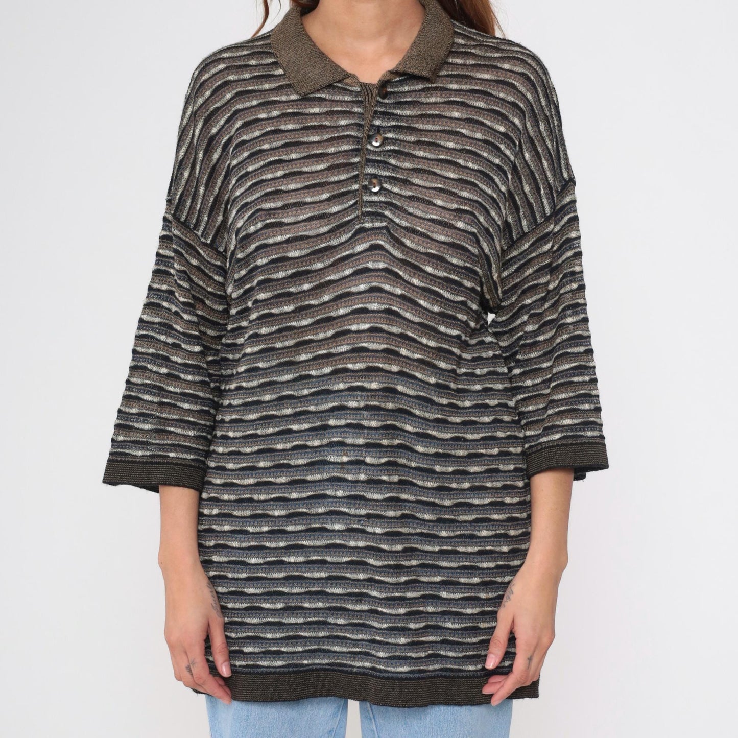 90s Mondo di Marco Striped Knit Polo Sweater Button Collar 3/4 Sleeve Large