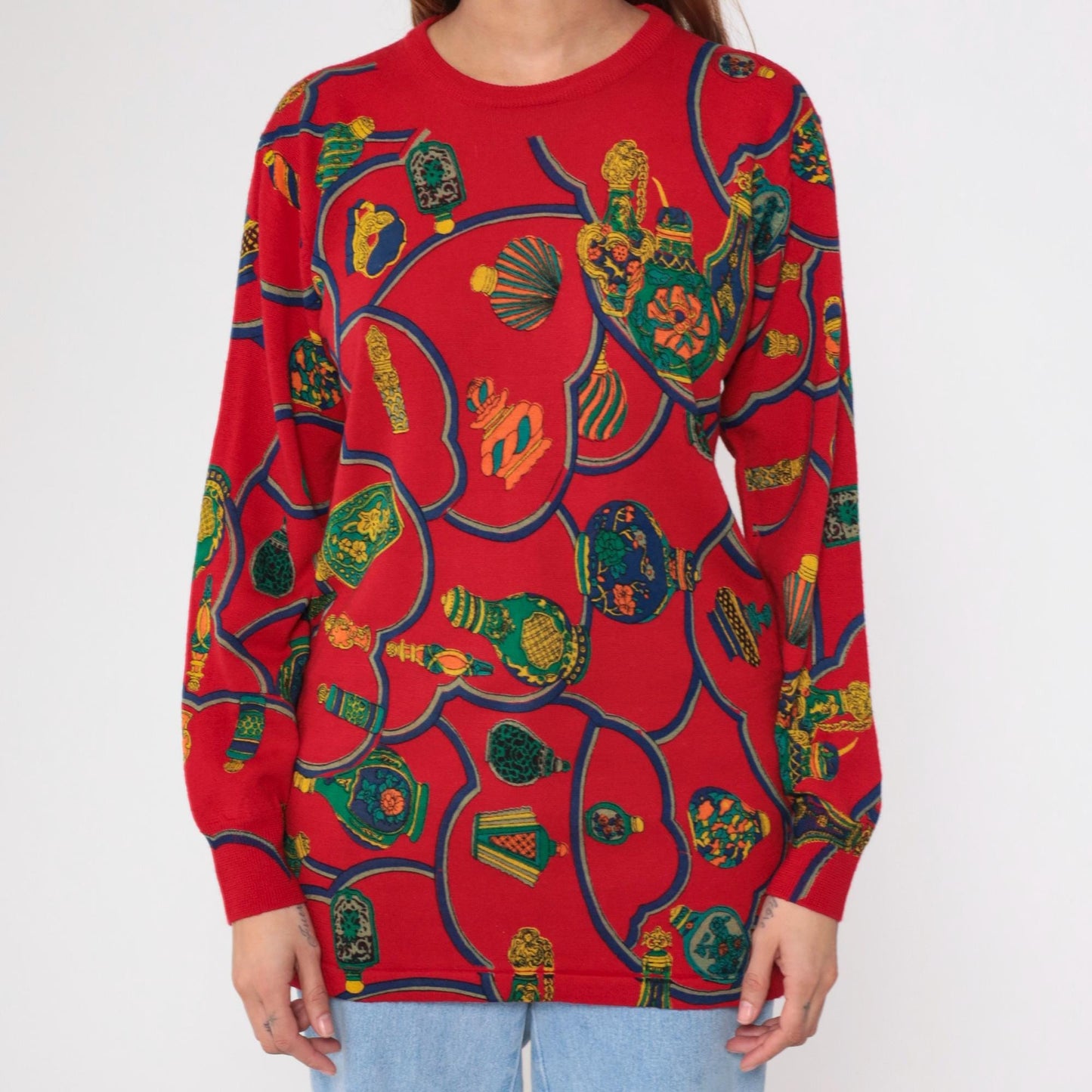 Y2K Red Wool Sweater Perfume Bottle Graphic Crewneck Medium M