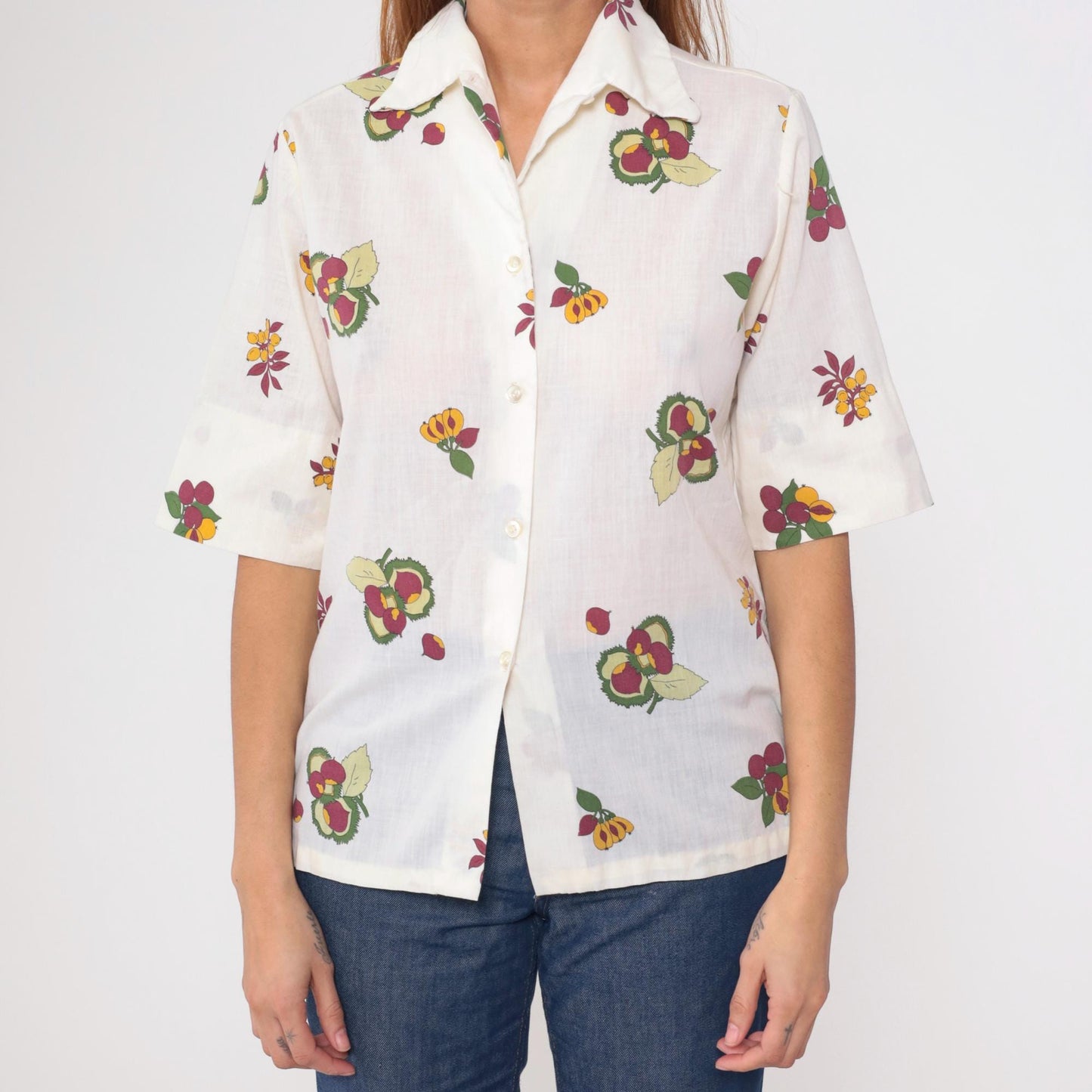 70s Laura Mae Fruit Print Button Up Blouse White Chestnut Medium