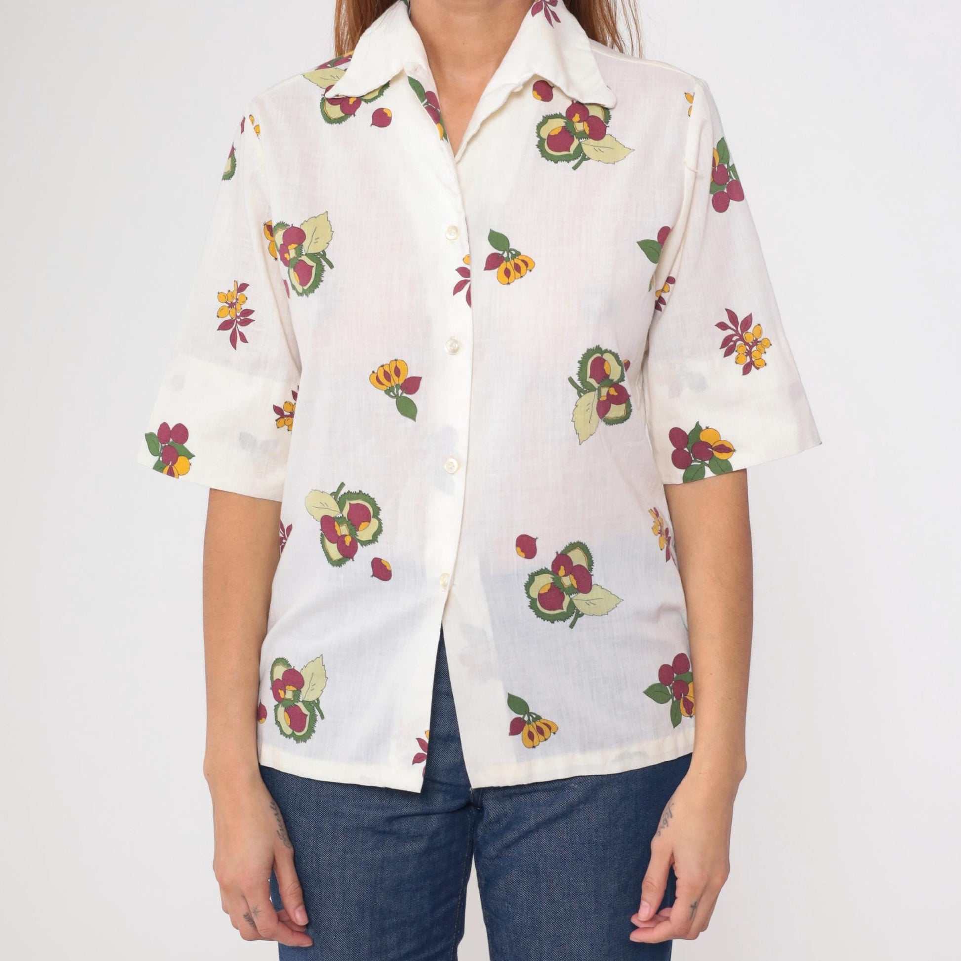 70s Laura Mae Fruit Print Button Up Blouse White Chestnut Medium