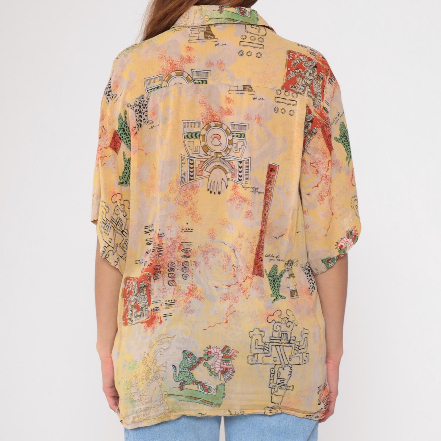 90s Aztec Print Button Down Shirt Yellow Abstract Figures Medium
