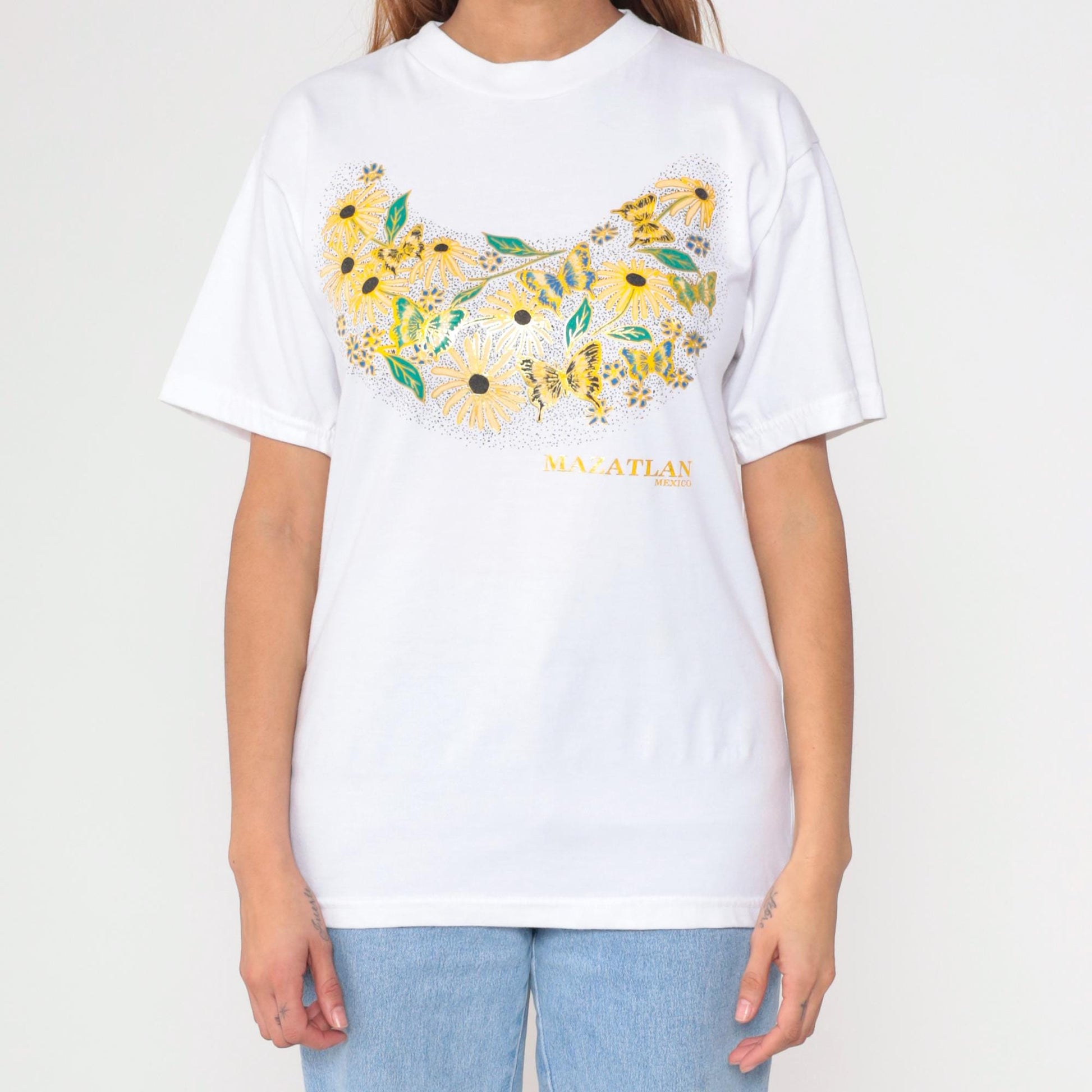 90s Mazatlan Mexico Graphic T-Shirt Metallic Floral Butterfly White Small