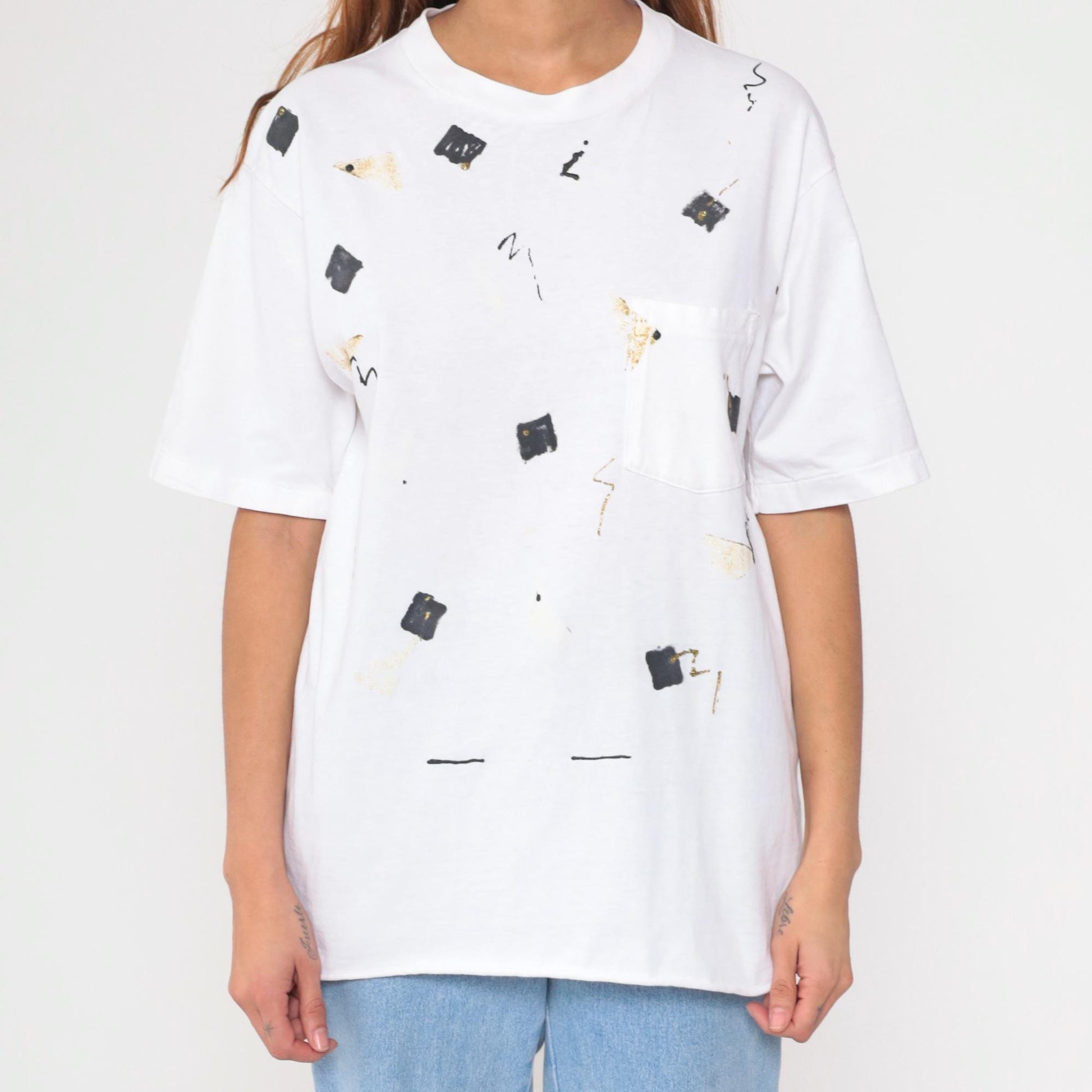 90s Abstract Geometric Glitter T-Shirt White Gold Black Graphic Tee Medium