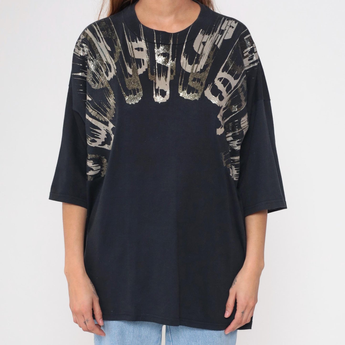 90s Metallic Paint Splatter Graphic Tee Black Abstract One Size