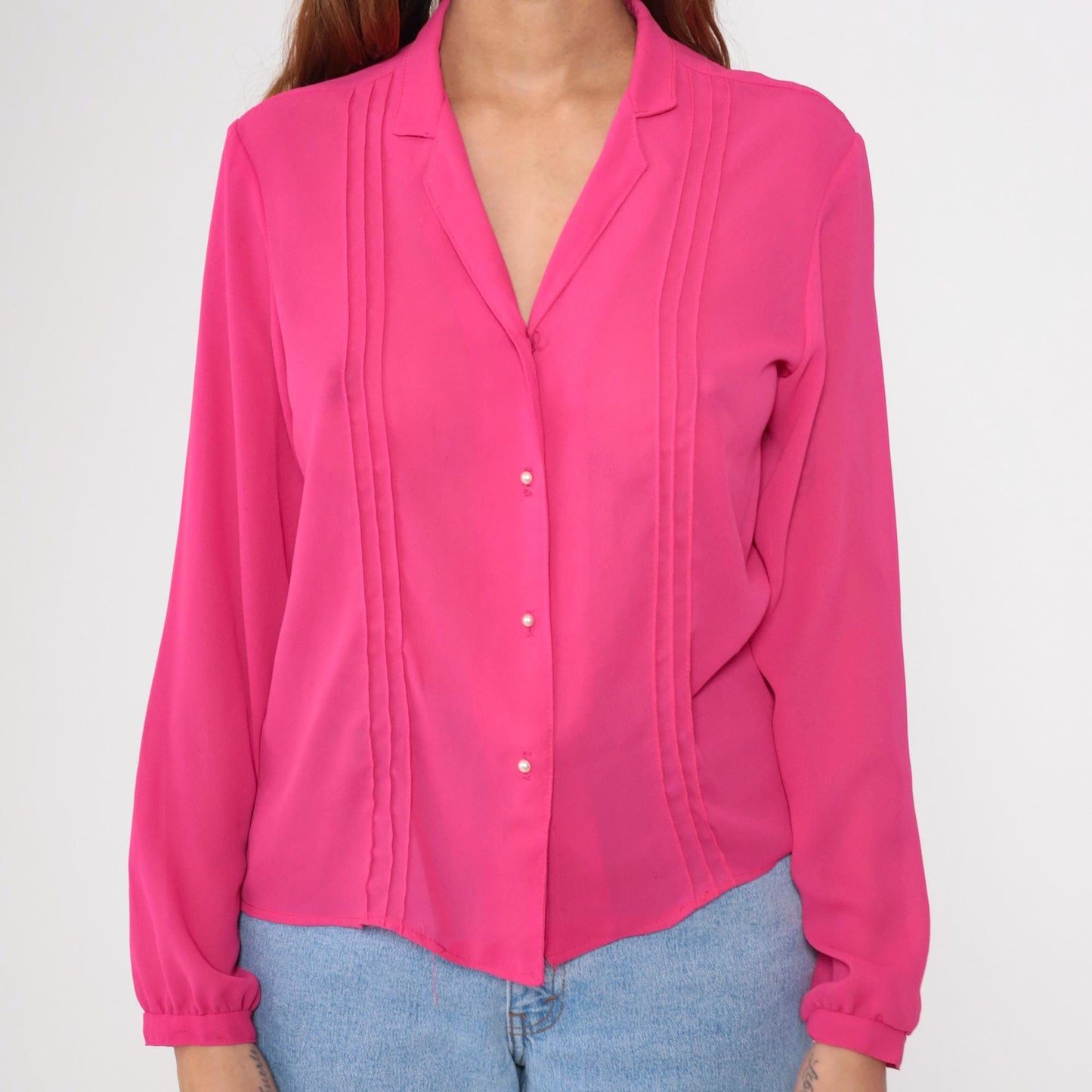 80s Fuchsia Pink Pleated Button-Up Blouse Pearl Buttons Long Sleeve Medium M