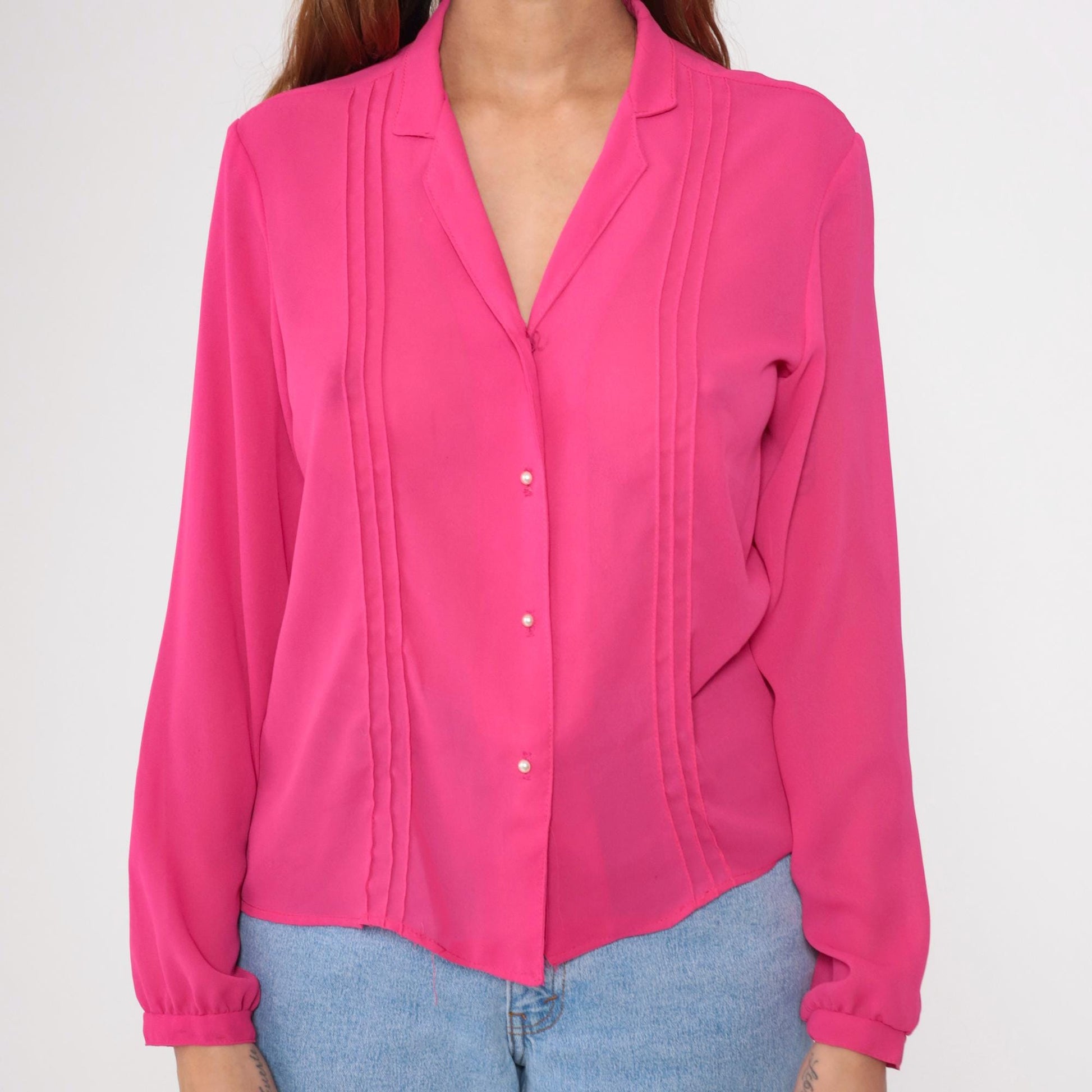 80s Fuchsia Pink Pleated Button-Up Blouse Pearl Buttons Long Sleeve Medium M