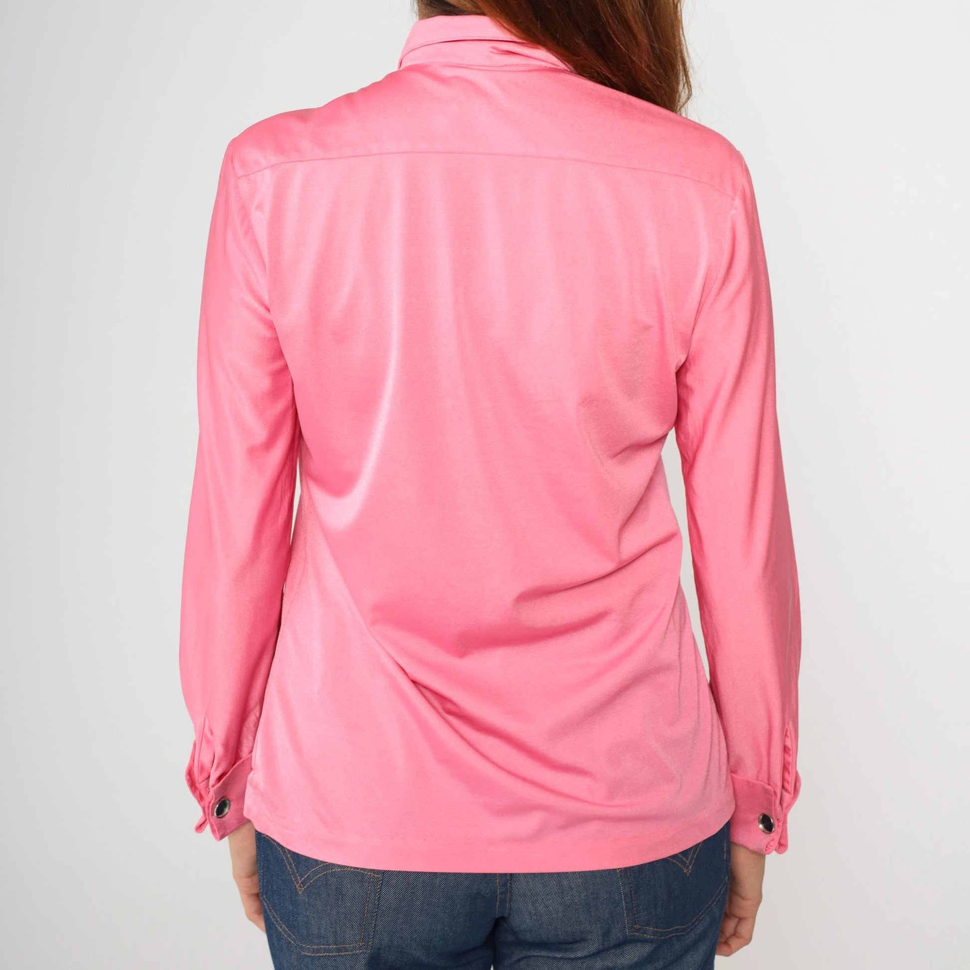 70s Shiny Pink Dagger Collar Button-Up Shirt Long Sleeve Cufflinks Medium M