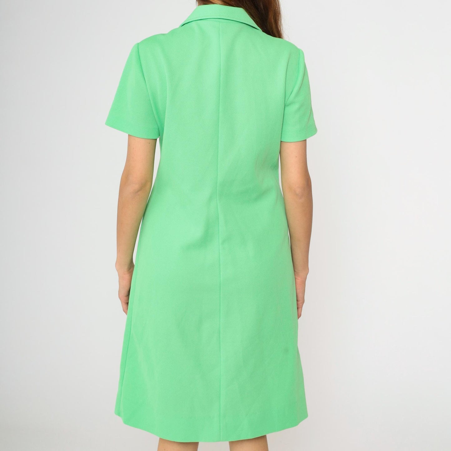 70s Green Mod Mini Shirtdress Button-Up Shift Dress Pointed Collar Medium M
