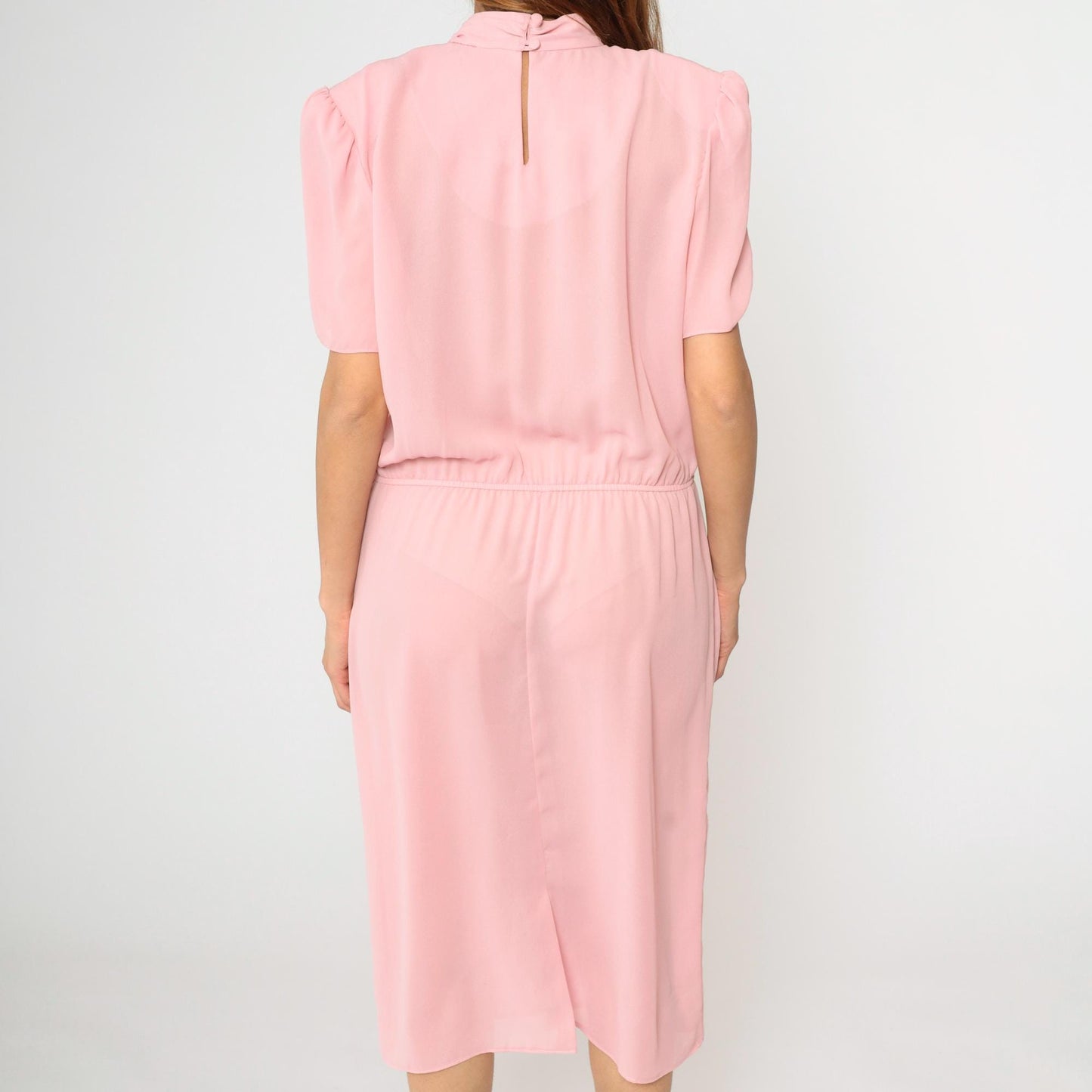 80s Pink Puff Sleeve Midi Dress High Waist Mock Neck Large L