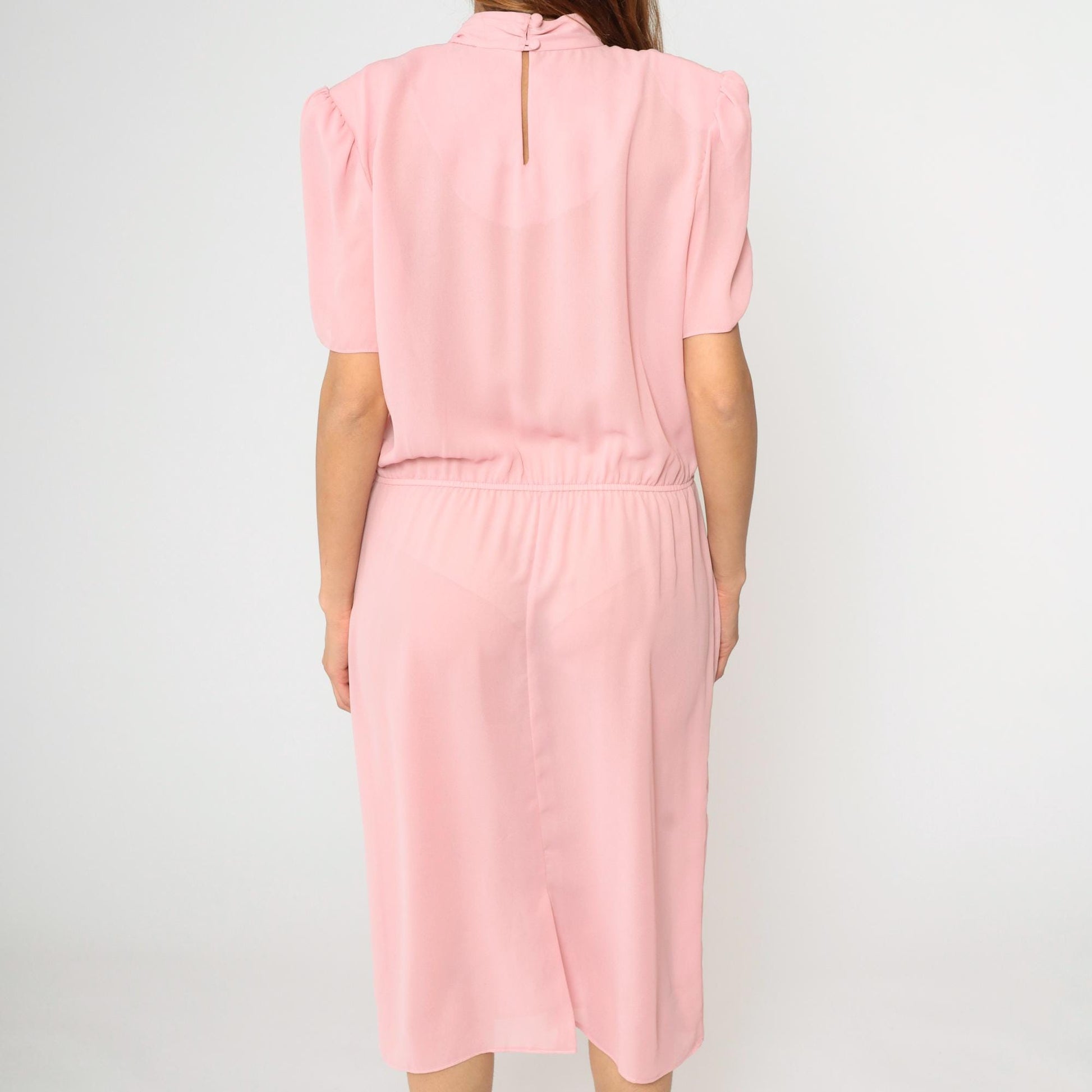 80s Pink Puff Sleeve Midi Dress High Waist Mock Neck Large L