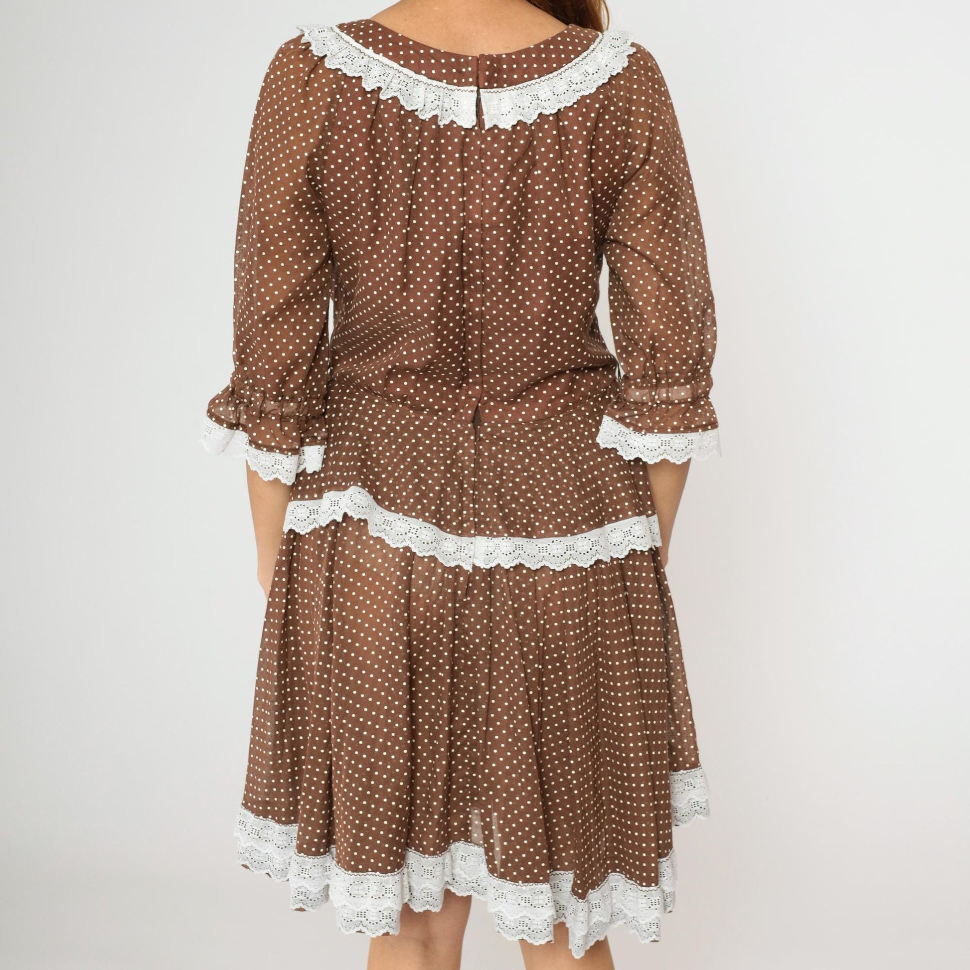 70s Brown Polka Dot Prairie Dress Keyhole Neck Tiered Skirt Medium