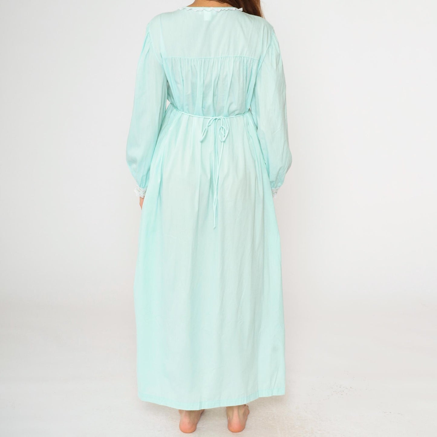 70s Barbizon Mint Blue Featherlite Maxi Nightgown Empire Waist Lace Medium