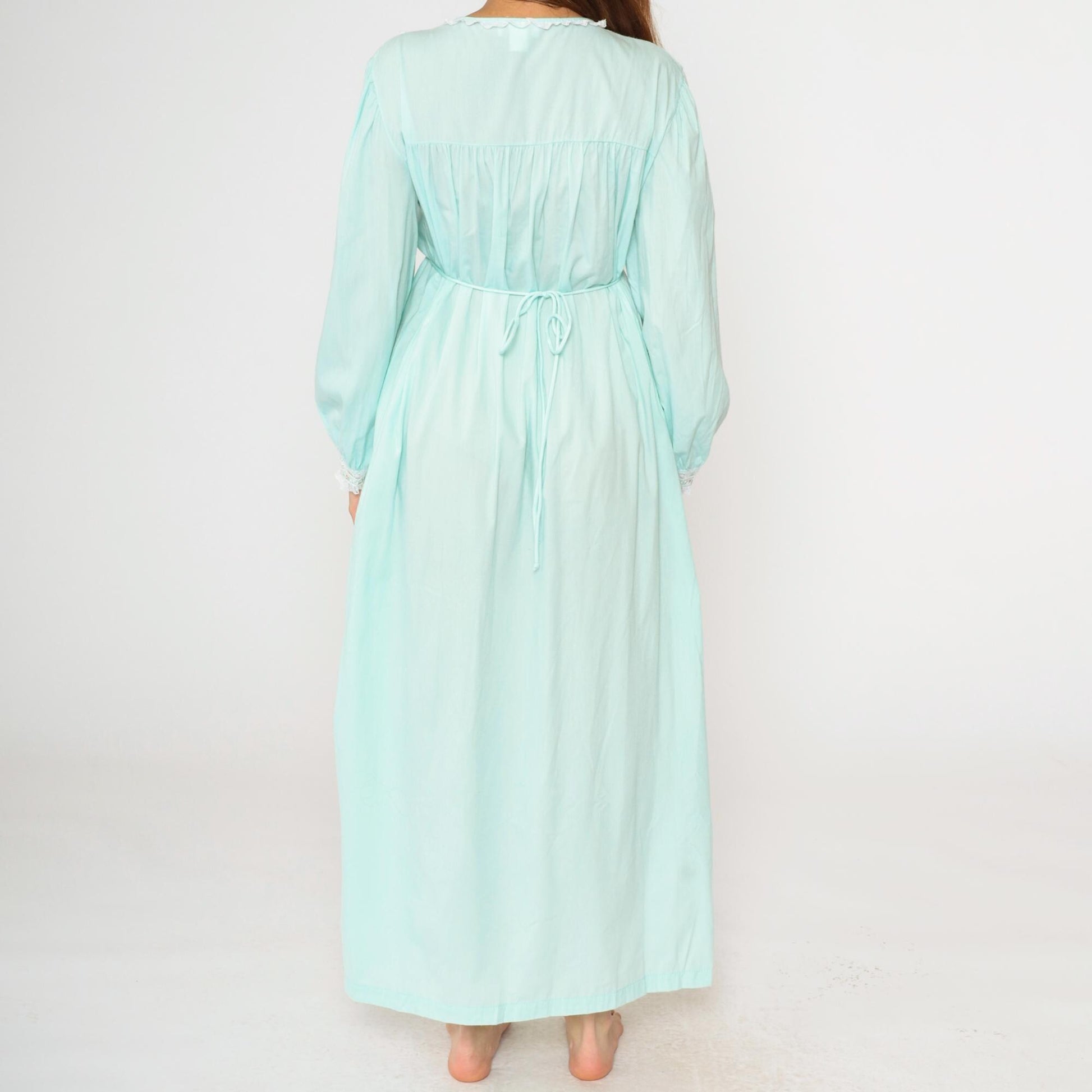 70s Barbizon Mint Blue Featherlite Maxi Nightgown Empire Waist Lace Medium