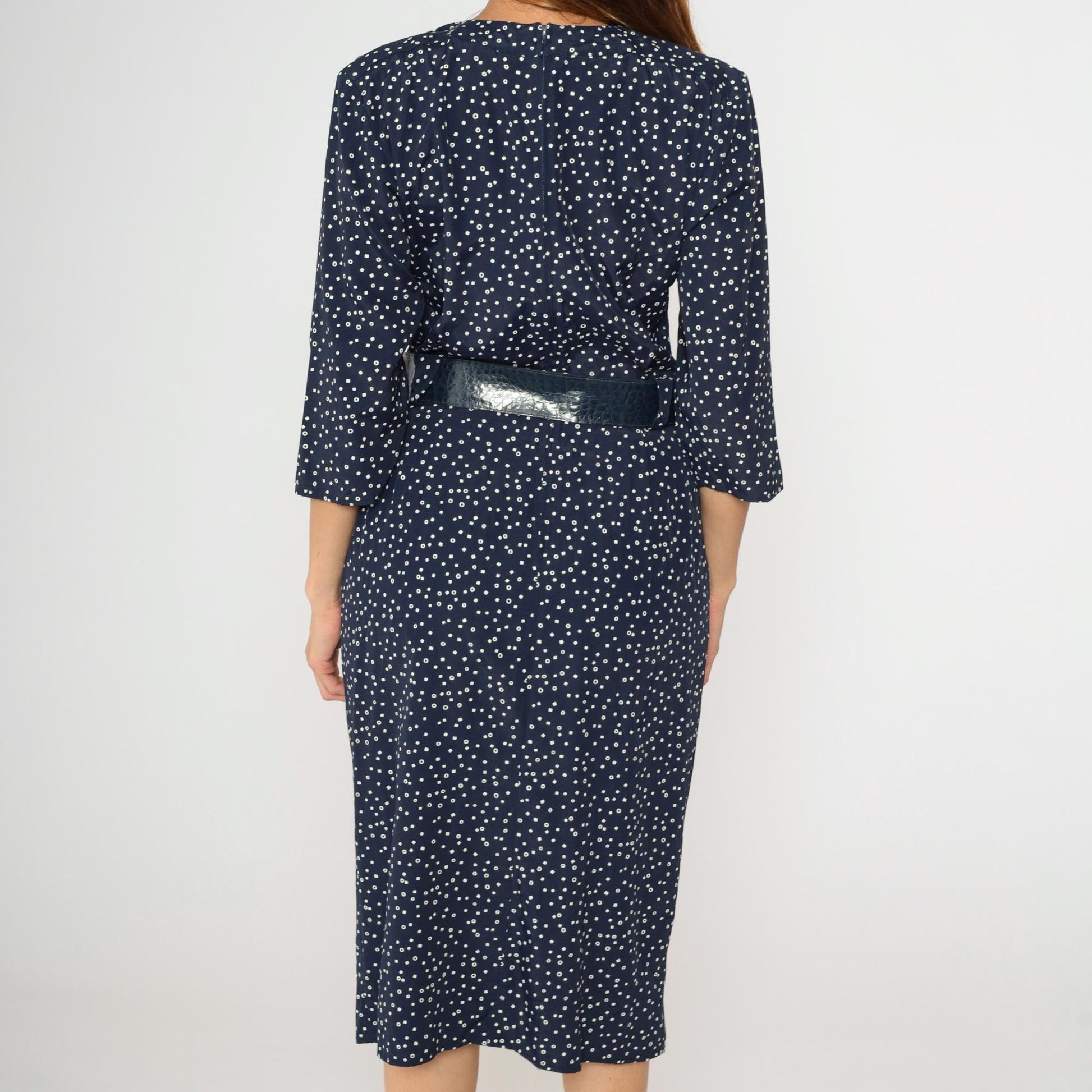 80s Navy Polka Dot Midi Dress Pleated Bodice High Waist Belted Small S