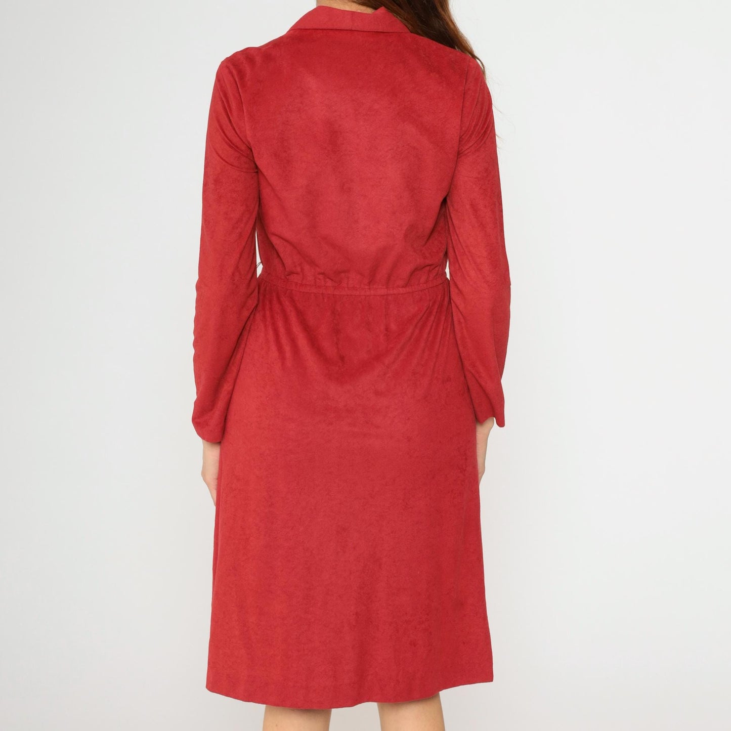 70s Red Velour Midi Shirtdress High Waist Button Front Long Sleeve Small