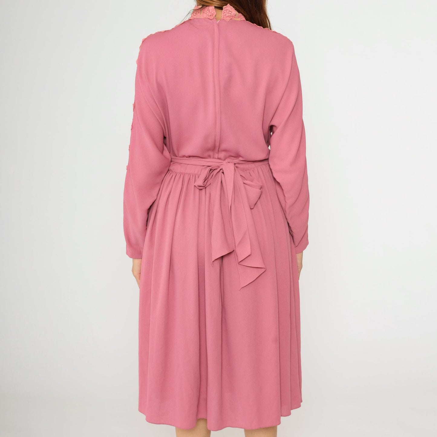 70s Pink Midi Dress Lace Trim Dolman Sleeve High Waisted Belted Medium