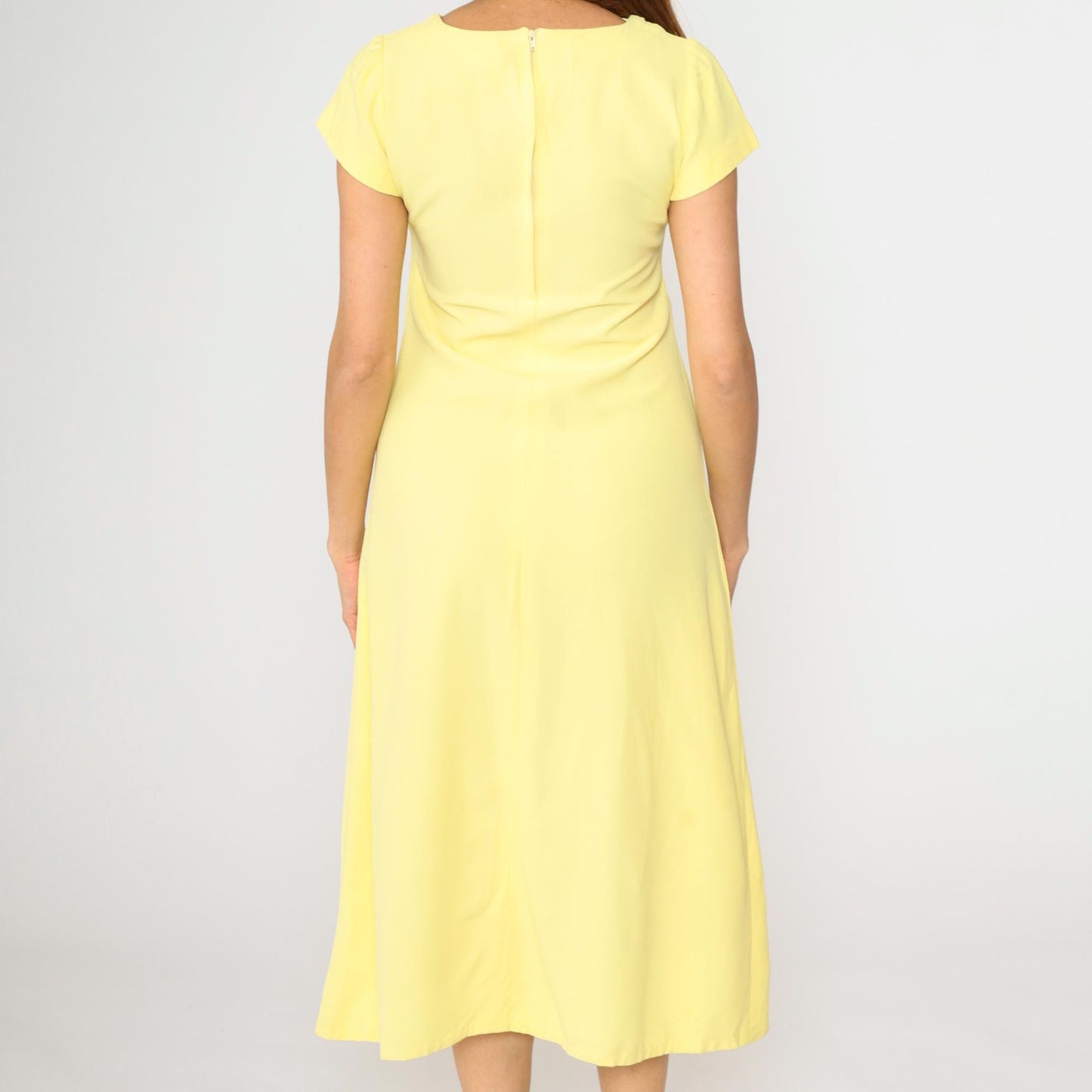60s Light Yellow A-Line Midi Dress Short Sleeve Decorative Buttons Small