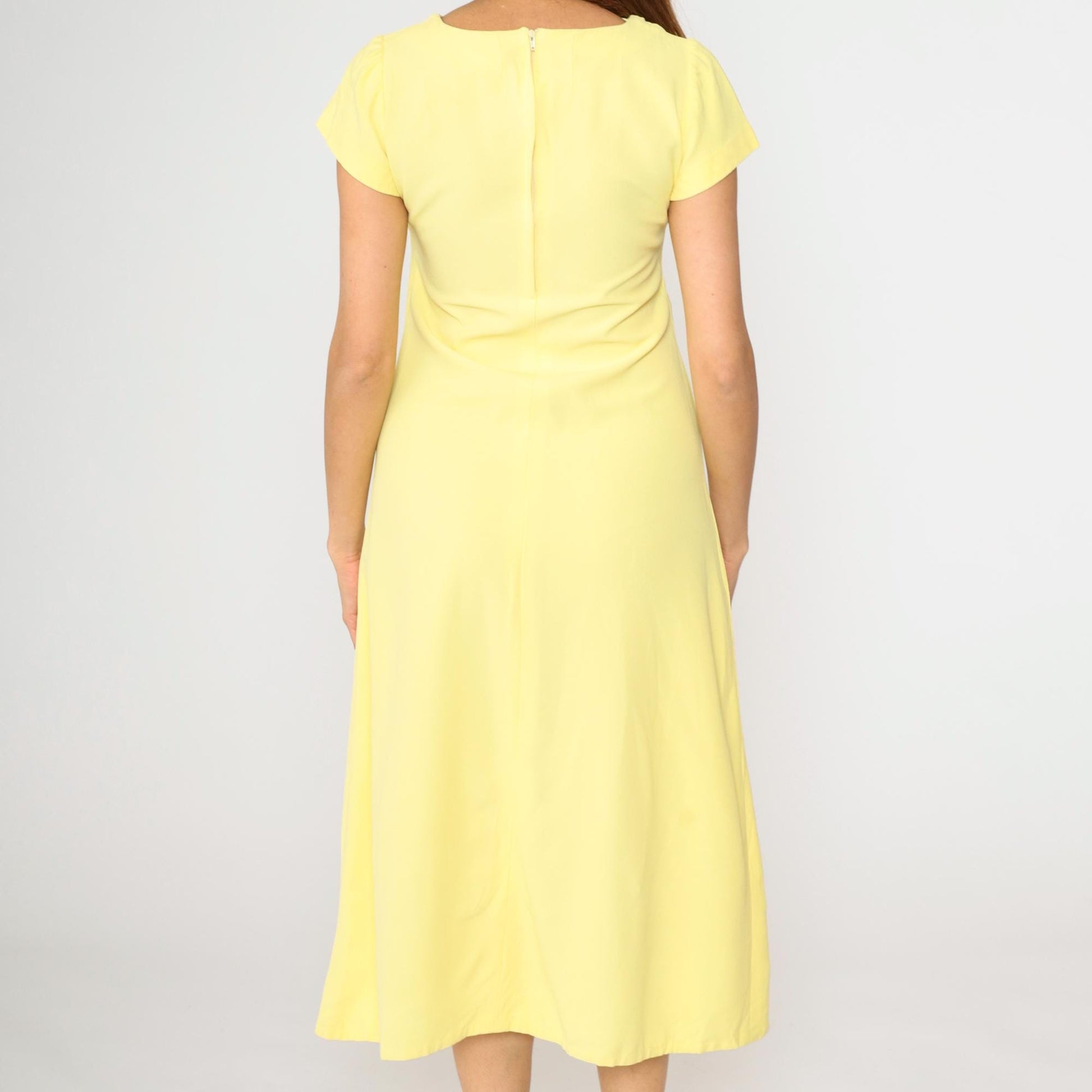 60s Light Yellow A-Line Midi Dress Short Sleeve Decorative Buttons Small