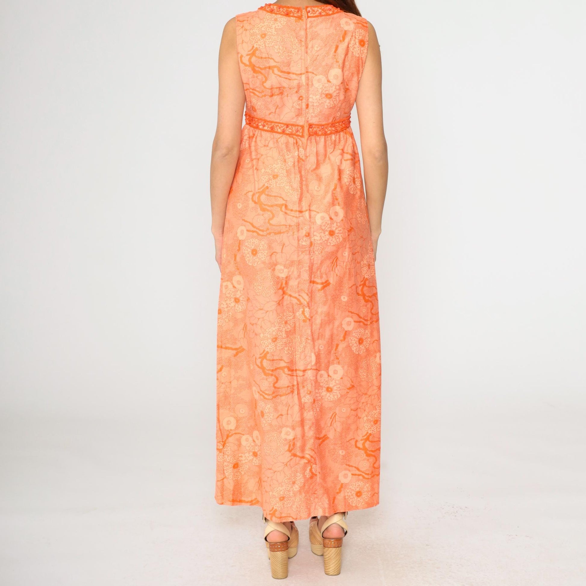 70s Orange Floral Beaded Maxi Dress Empire Waist V Neck Sleeveless Medium