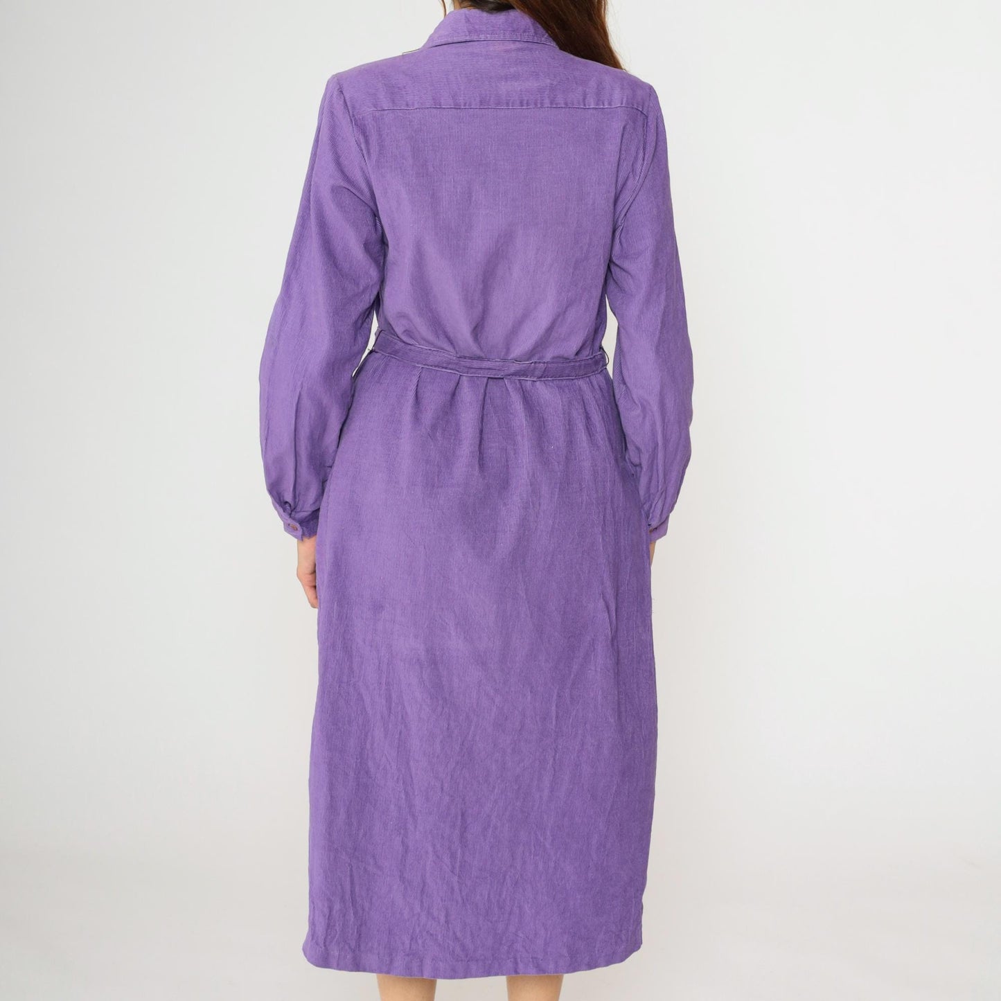 90s Purple Corduroy Midi Dress High Waisted Button Up Long Sleeve Medium M