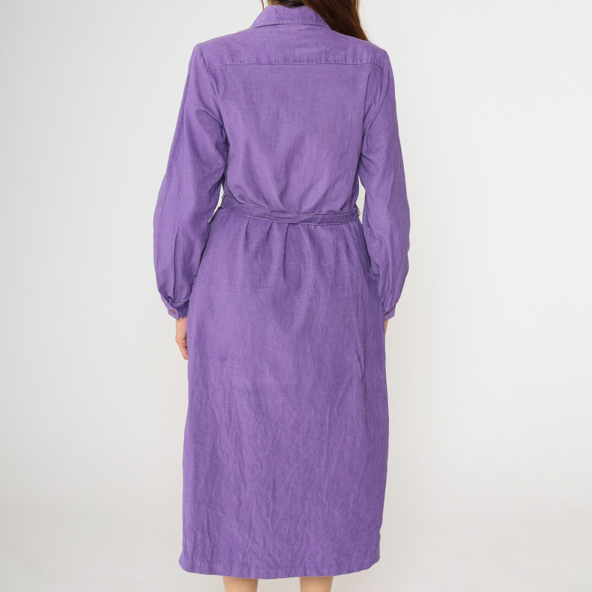 90s Purple Corduroy Midi Dress High Waisted Button Up Long Sleeve Medium M