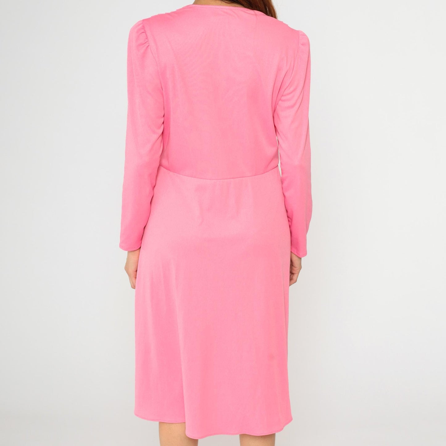 80s Pink Faux Wrap Midi Dress Deep V Puff Sleeve High Waist Extra Large