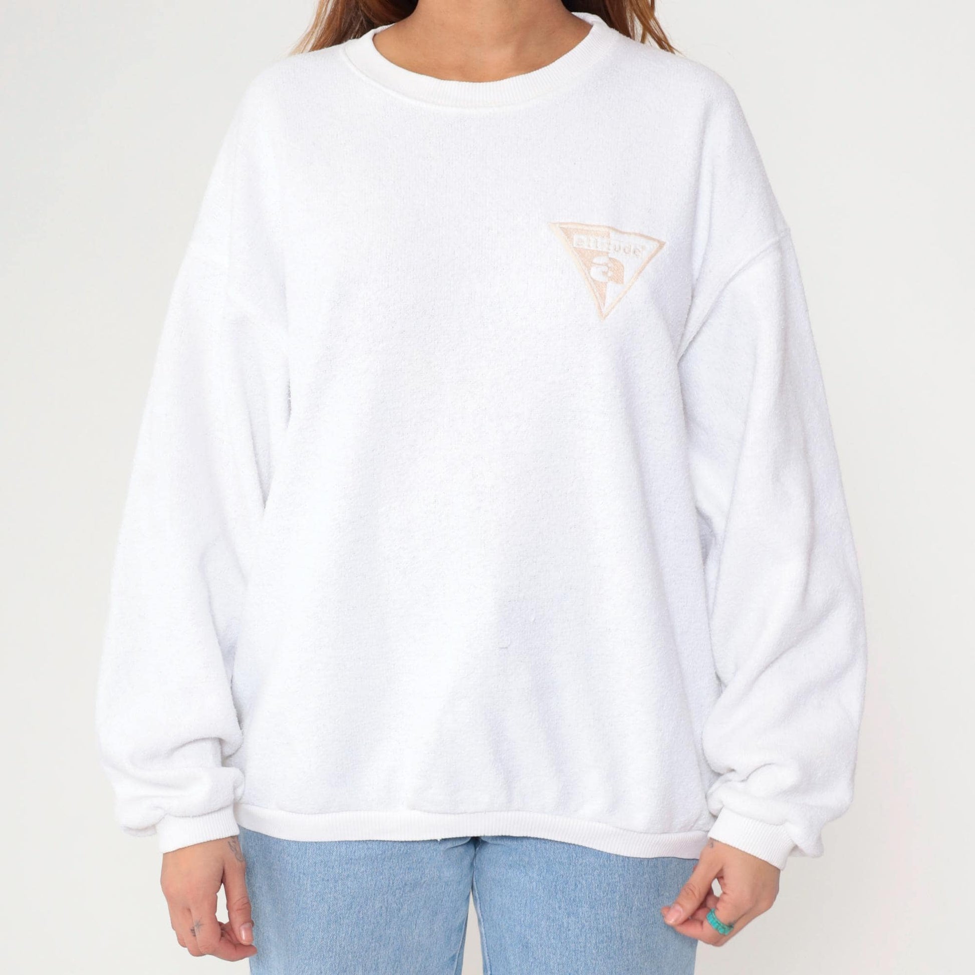 90s White Attitude Embroidered Sweatshirt Crewneck Pullover Large L