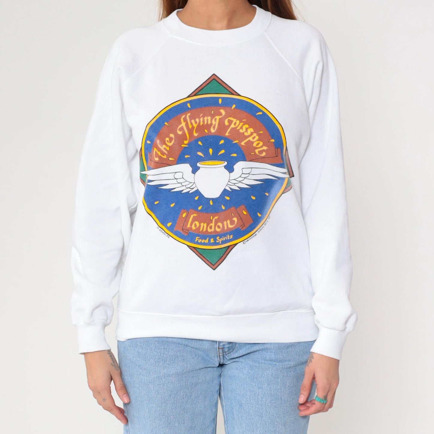 80s Flying Pisspot London Pub Graphic Sweatshirt White Raglan Crewneck Medium