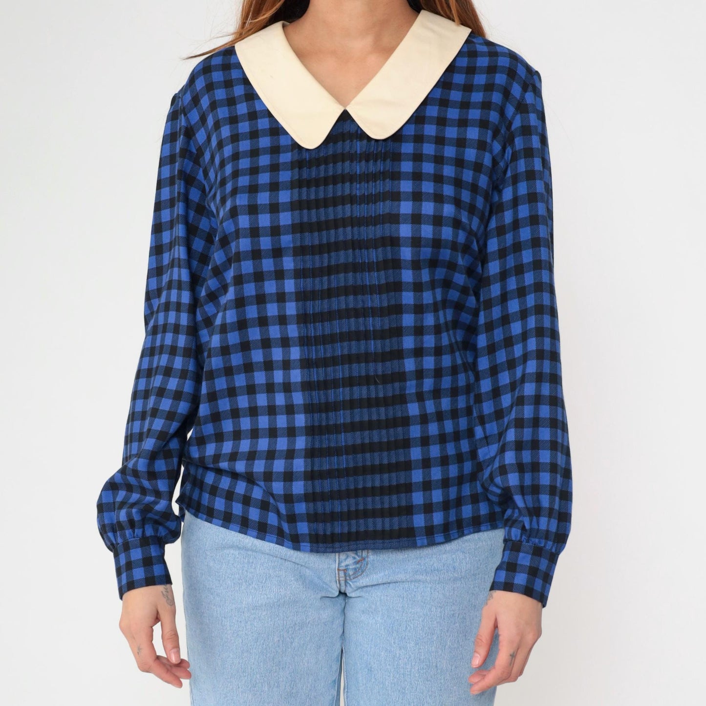 80s Albert Nipon Checkered Blouse Blue Black Gingham Cream Collar Medium