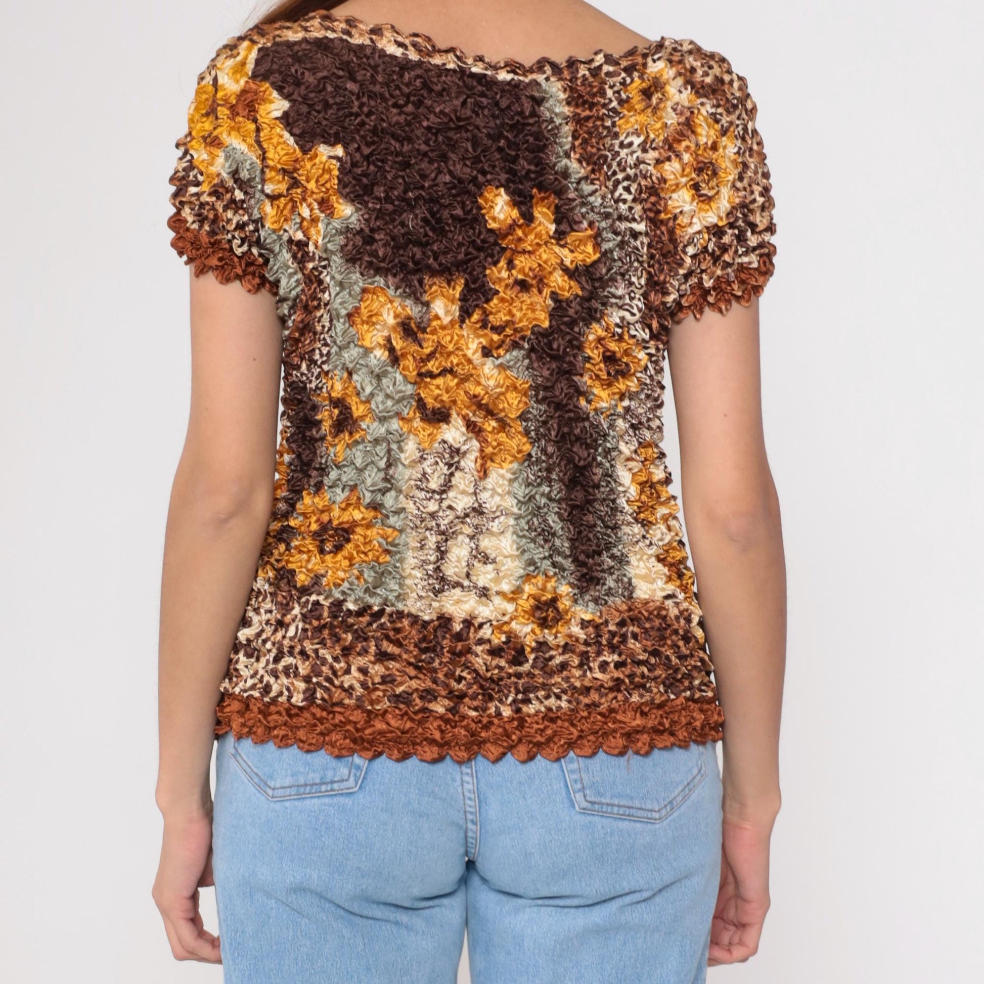 Y2K Popcorn Blouse Floral Leopard Print Brown Textured Short Sleeve Small Medium