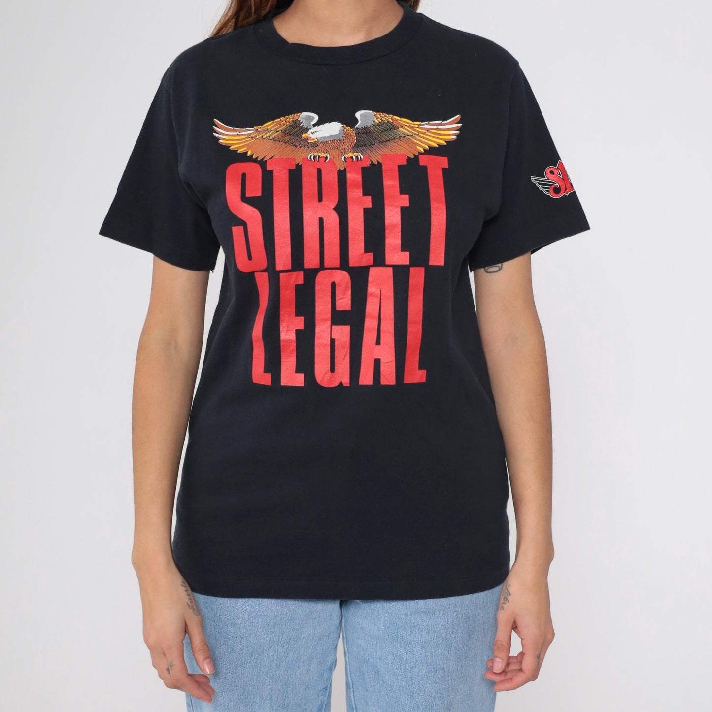 90s Street Legal Eagle Motorcycle Graphic T-Shirt Black Cotton Small