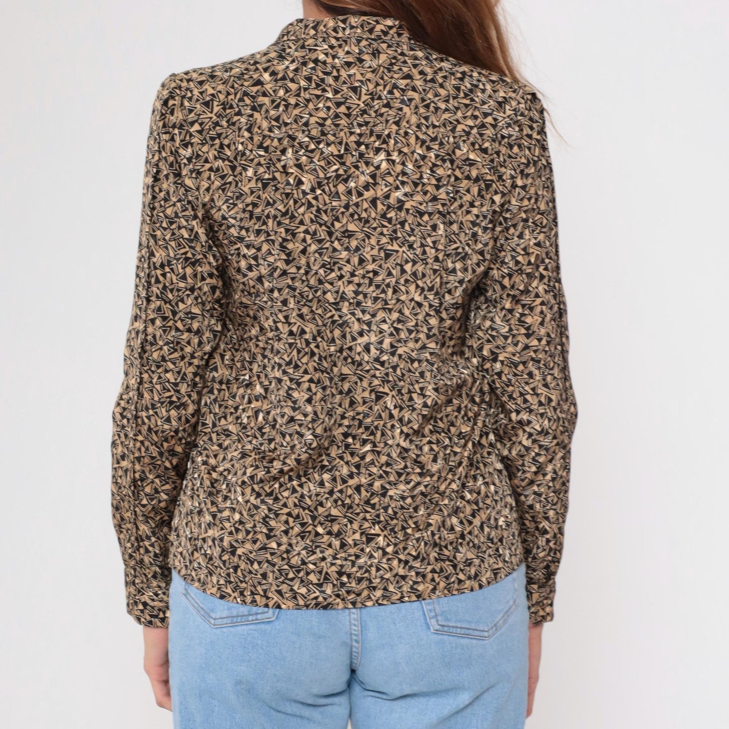 80s Geometric Jacquard Button Up Blouse Tan Black Puff Sleeve Small