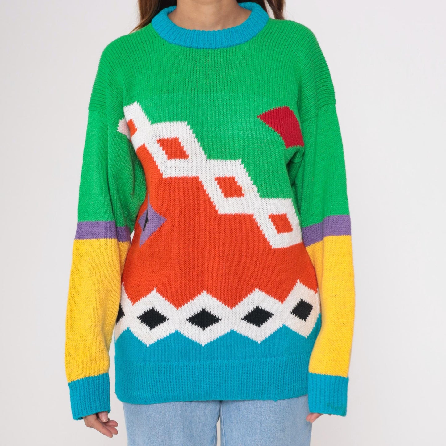 80s Geometric Color Block Knit Sweater Cotton Crewneck Orange Green Blue Large